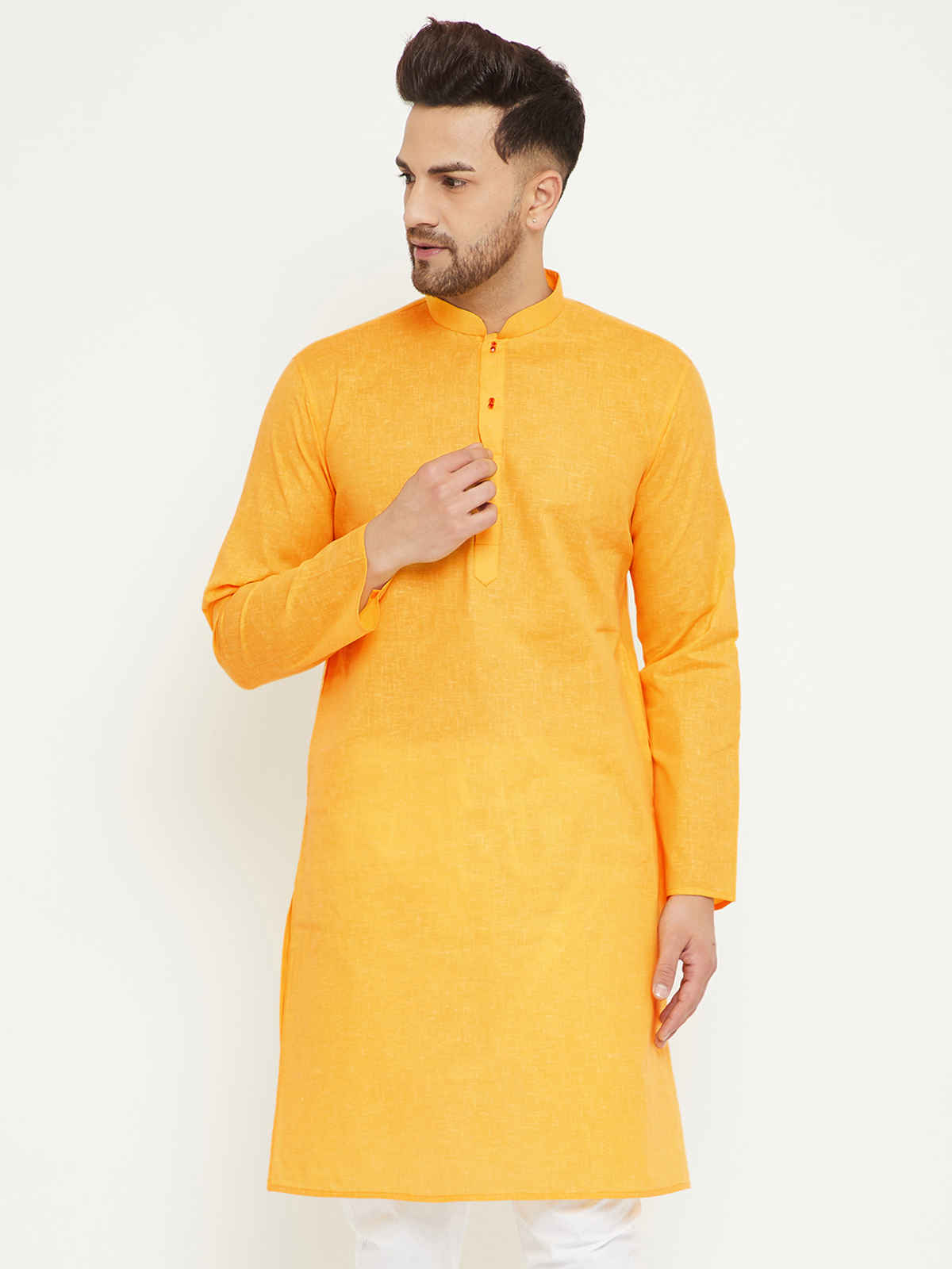 Vastramay Men's Cotton Blend Traditional Kurta | Yellow | L