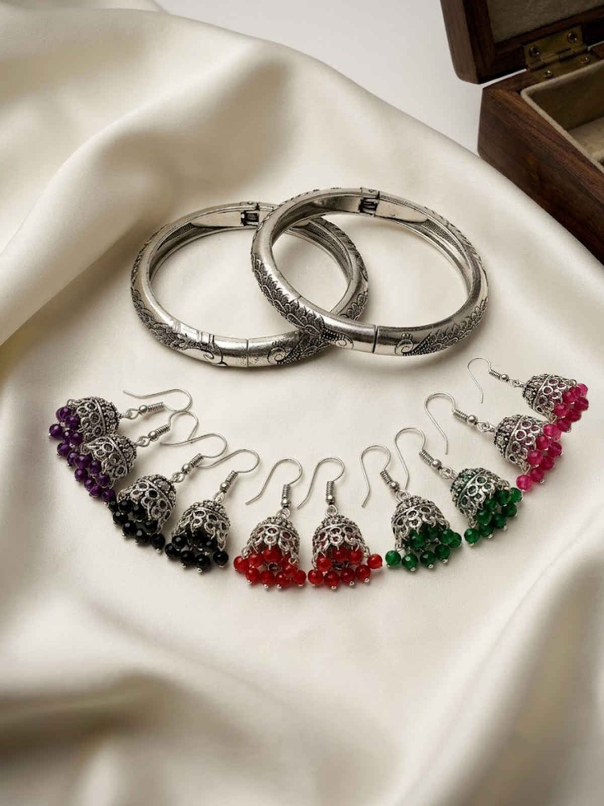 NVR Women Set of 5 Oxidized Silver-Plated Jhumka Earrings & Pair of Peacock Design Oxidised Kada Bangles