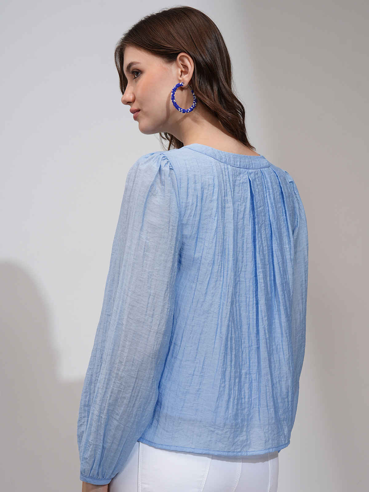 Tokyo Talkies Women's Solid Bishop Sleeve Pleated Top | Blue - S