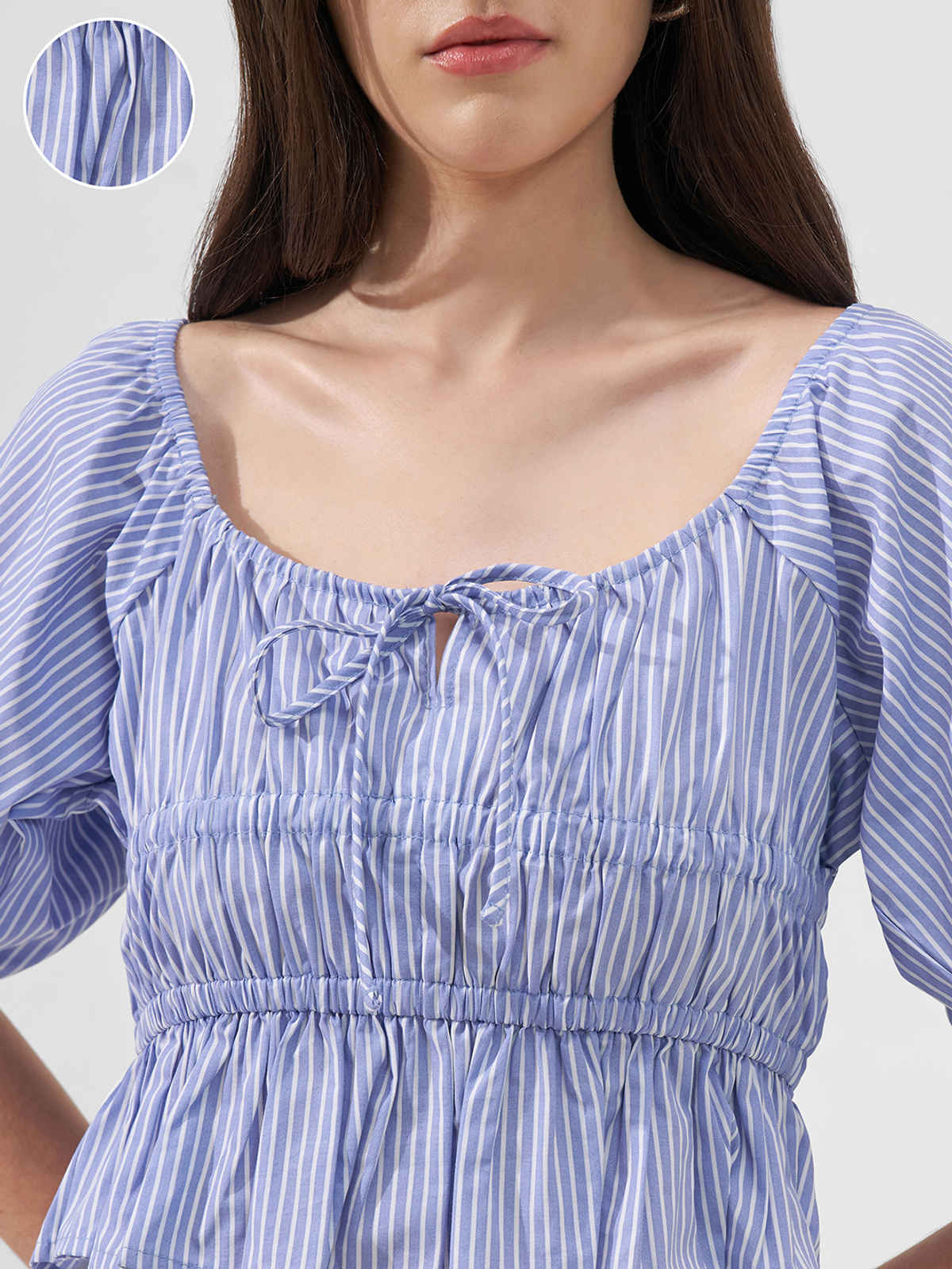 Tokyo Talkies Women Stripe Square Neckline Smocked Top | BLUE | XL