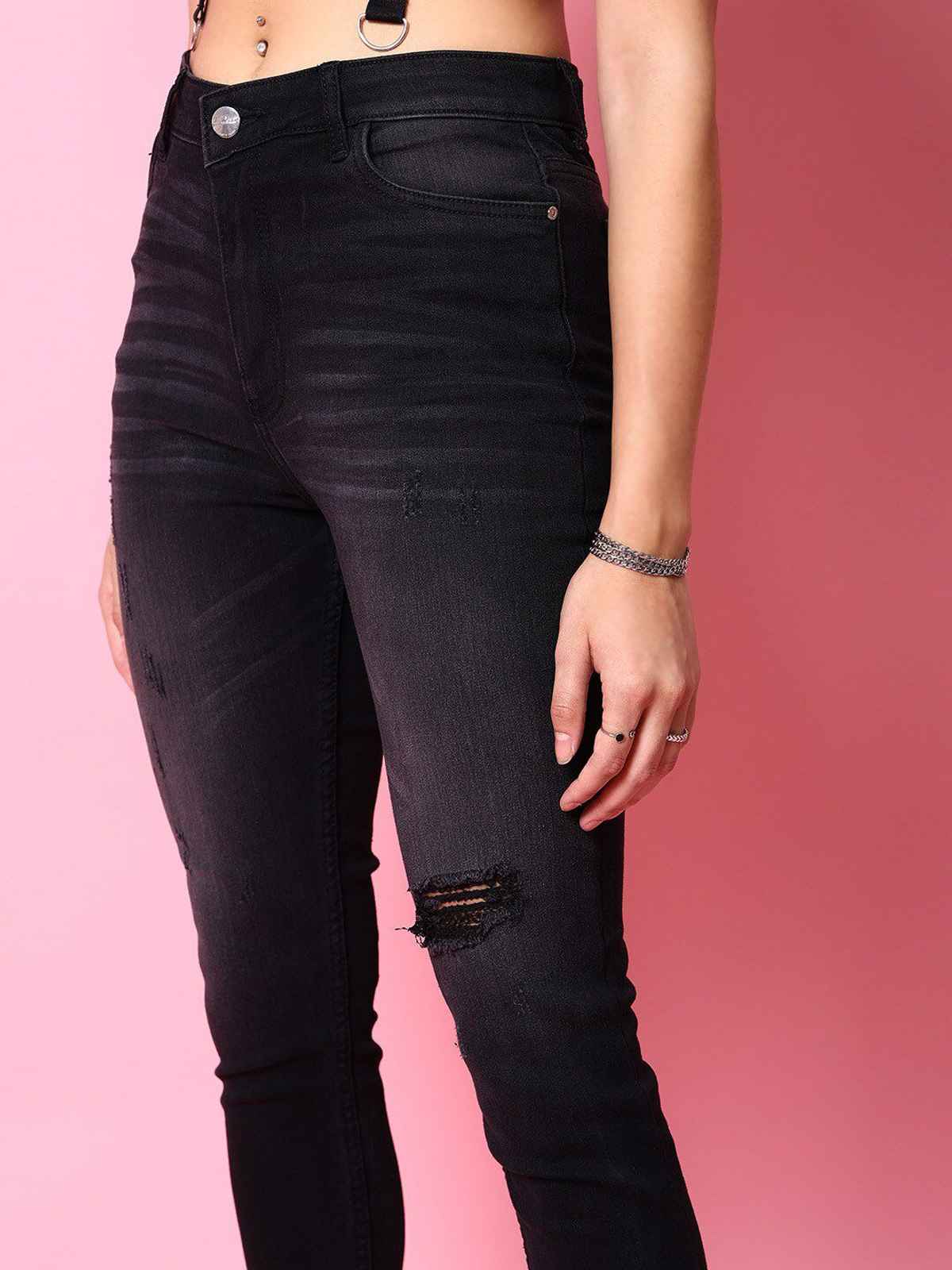 Freehand Women's Black Distressed Slim Fit Denim Jeans | Black - 30