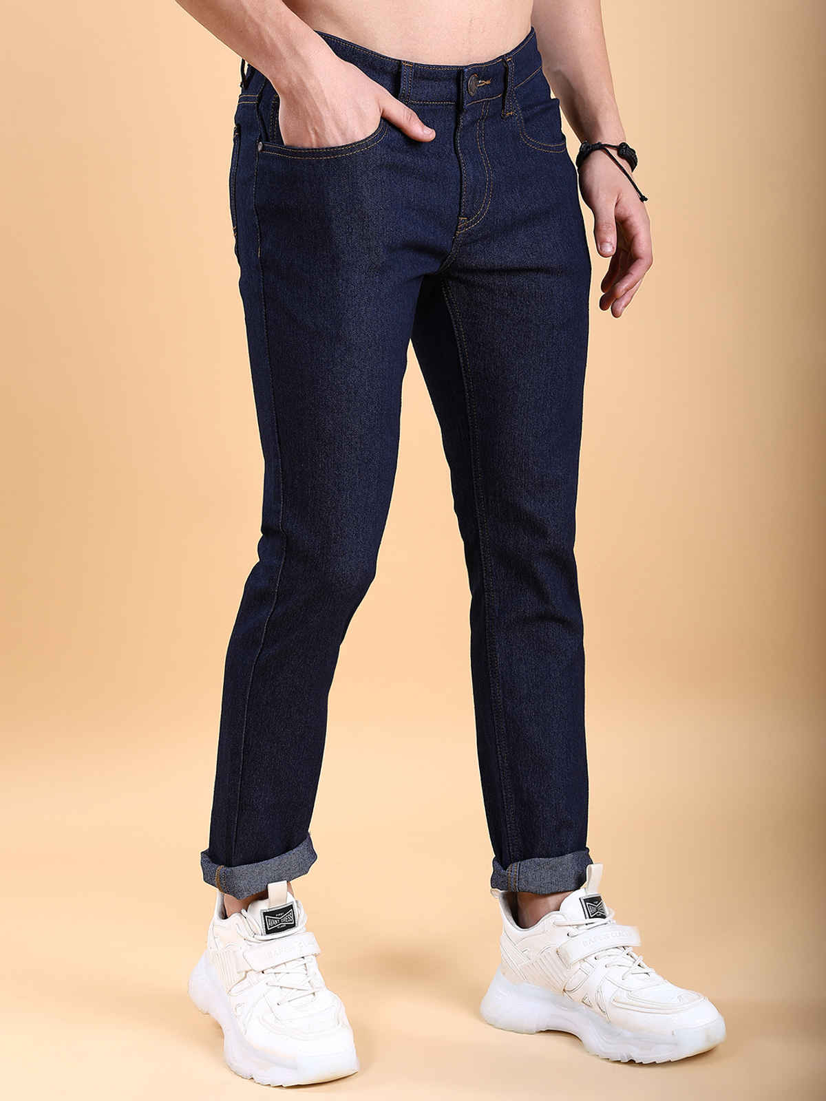Highlander Men's Straight Fit Mid-Rise Clean Look Stretchable Jeans | Indigo - 30