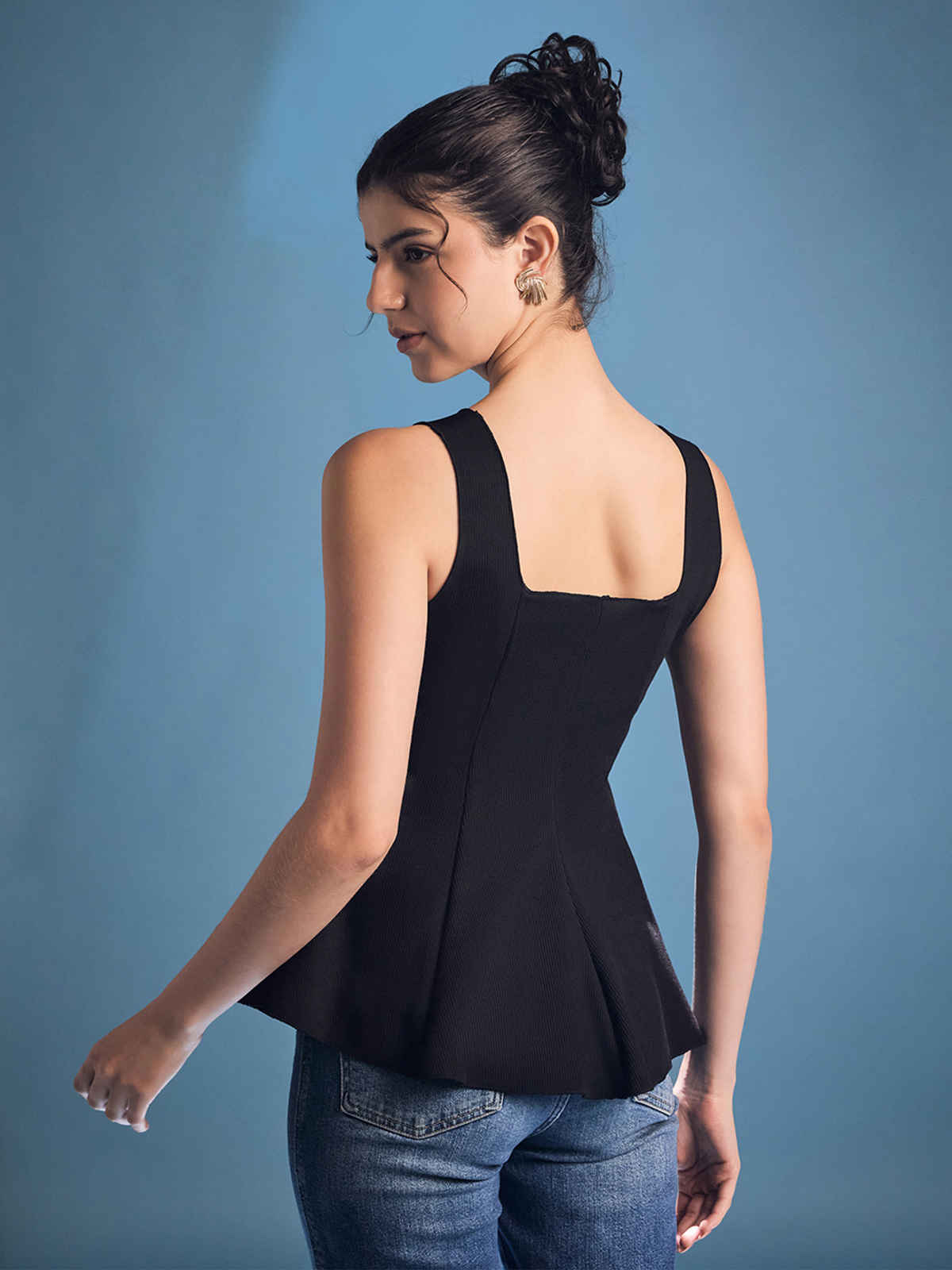 Uptownie Women's Stretchable Ribbed Peplum Top | Black - S