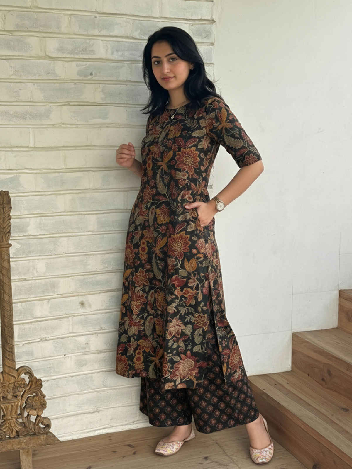 GoSriKi Women's Rayon Viscose Straight Printed Kurta with Palazzo | Vibhor Black | L
