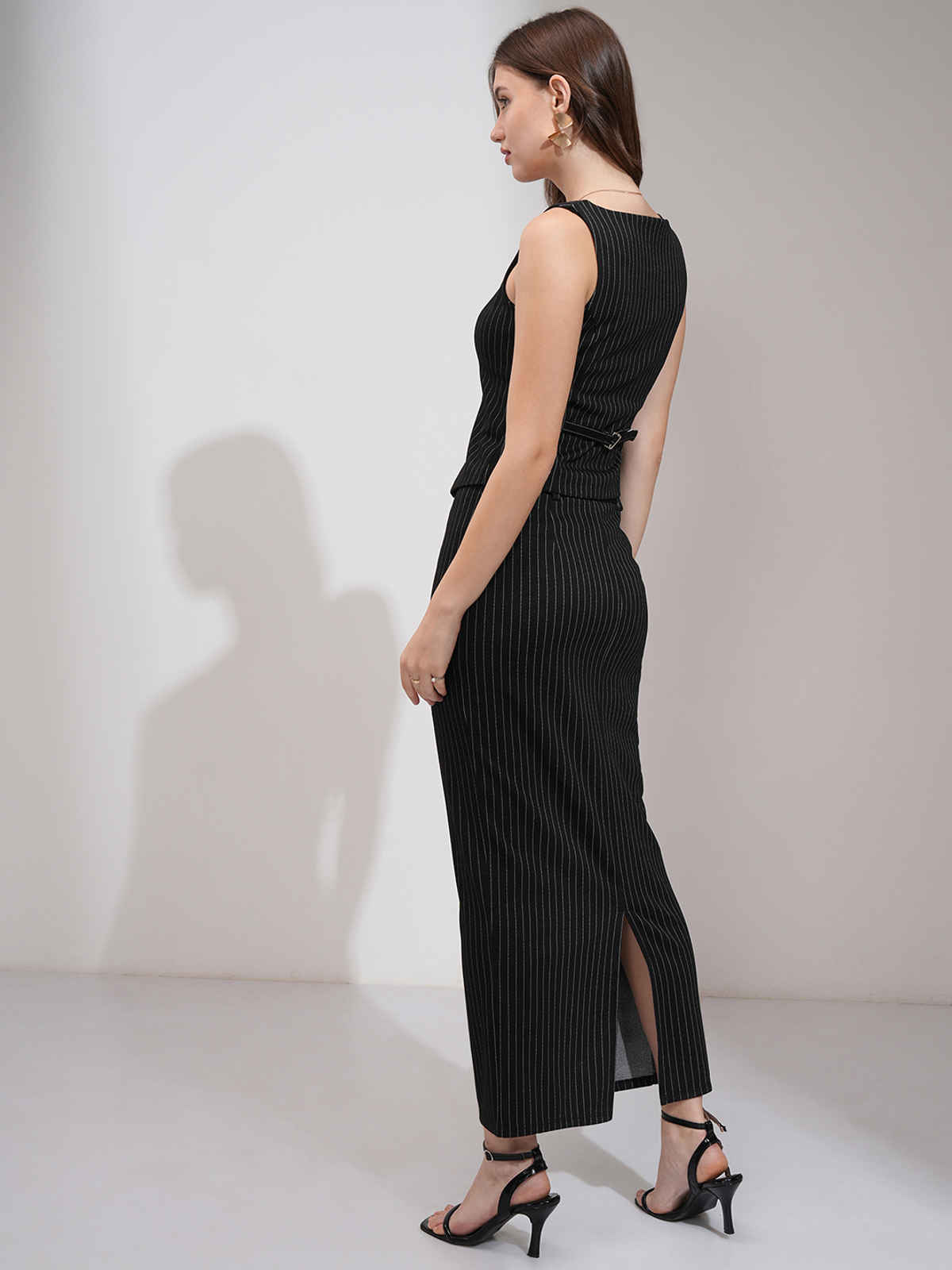 Tokyo Talkies Women's Pinstriped Vest & Midi Column Skirt Set | Black - S