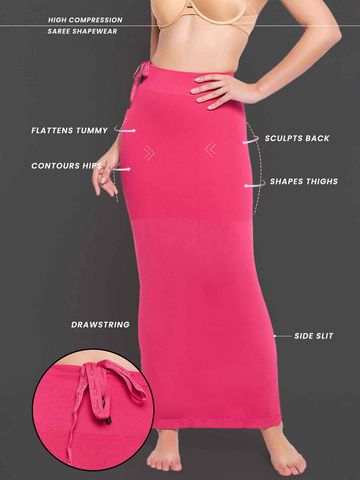 Clovia Women's Saree Shapewear with Drawstring | Dark Pink - XL