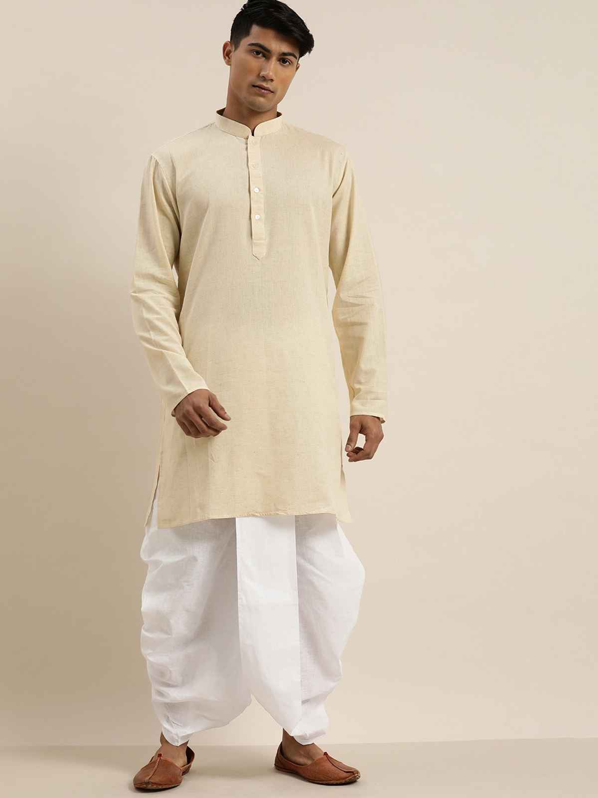 Vastramay Men's Cotton Short Kurta | Cream - S