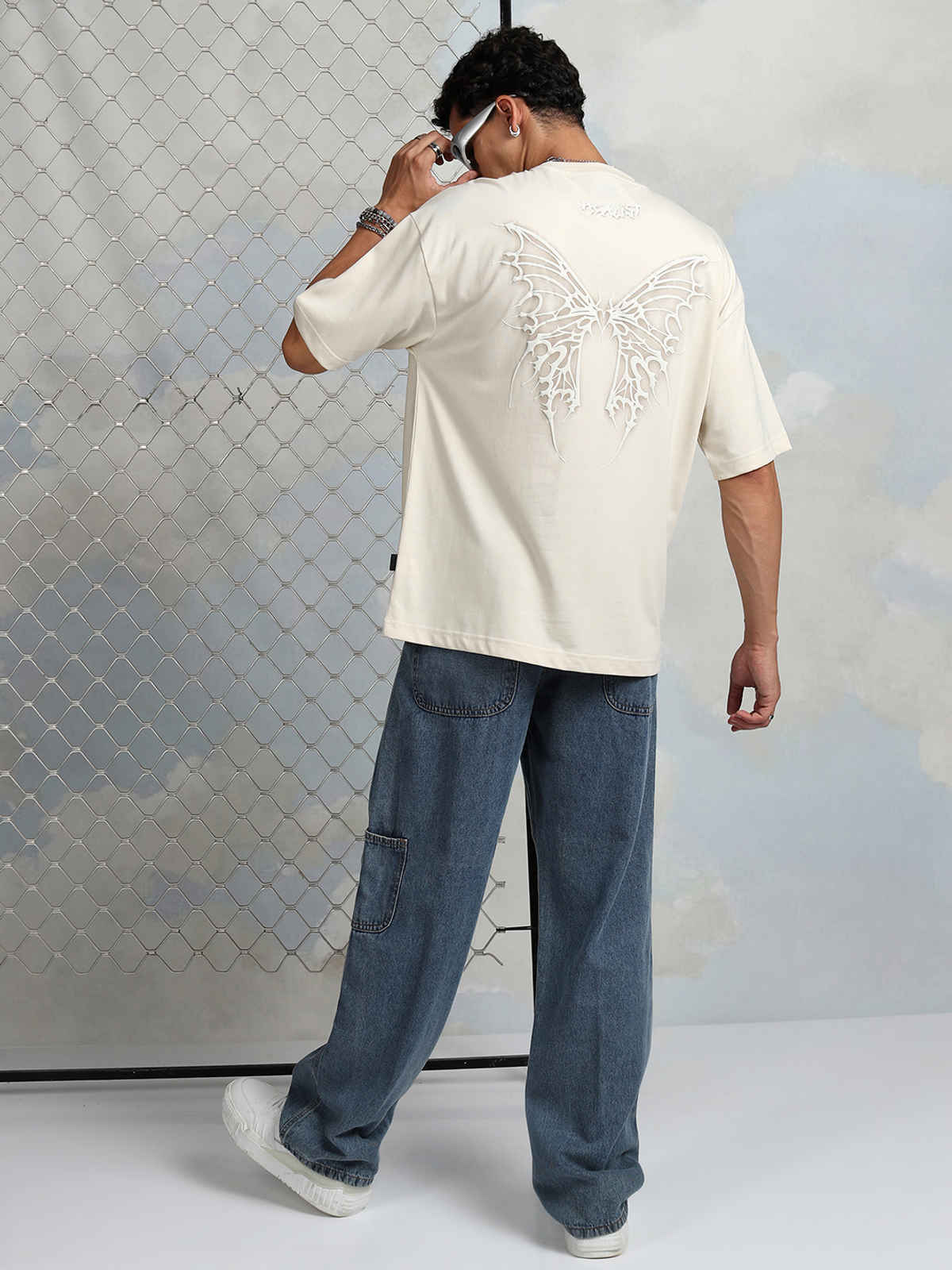 Highlander Men's Puff Printed Cream Round Neck Half Sleeve Oversized T Shirt |Cream |L