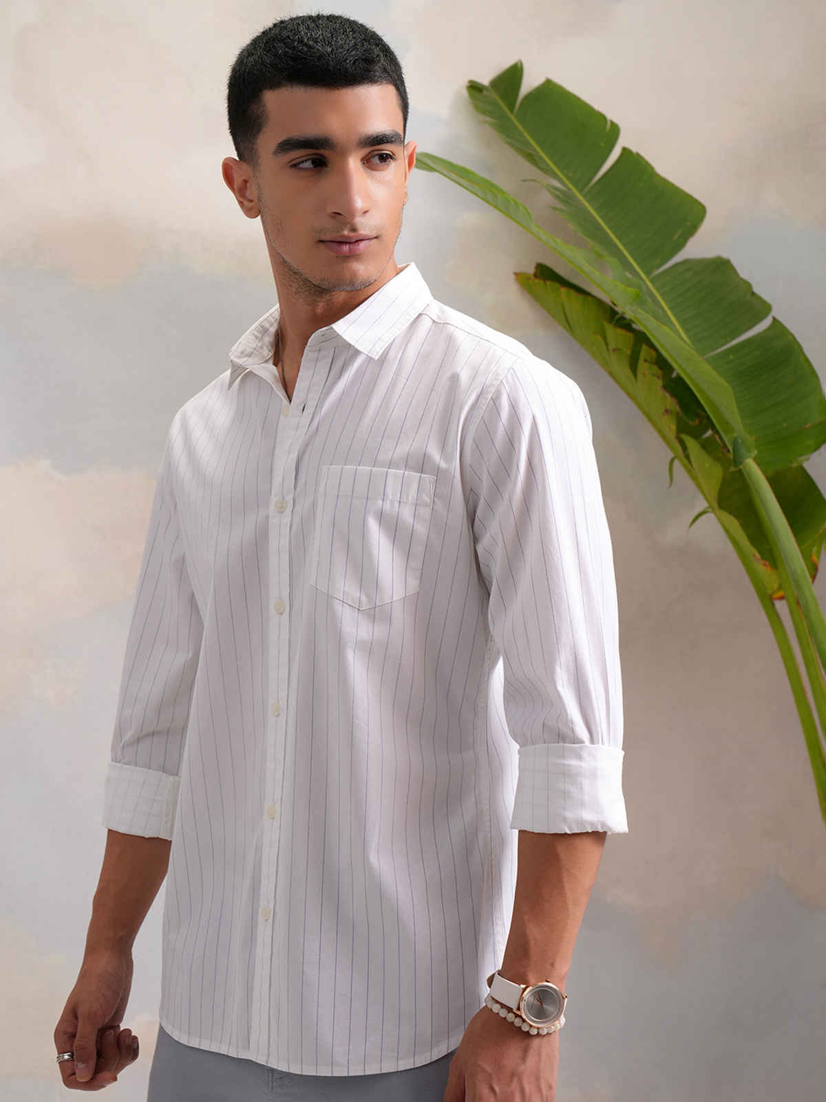 Highlander Men's Classic Slim Fit Vertical Striped Spread Collar Cotton Shirt | White & Indigo - S