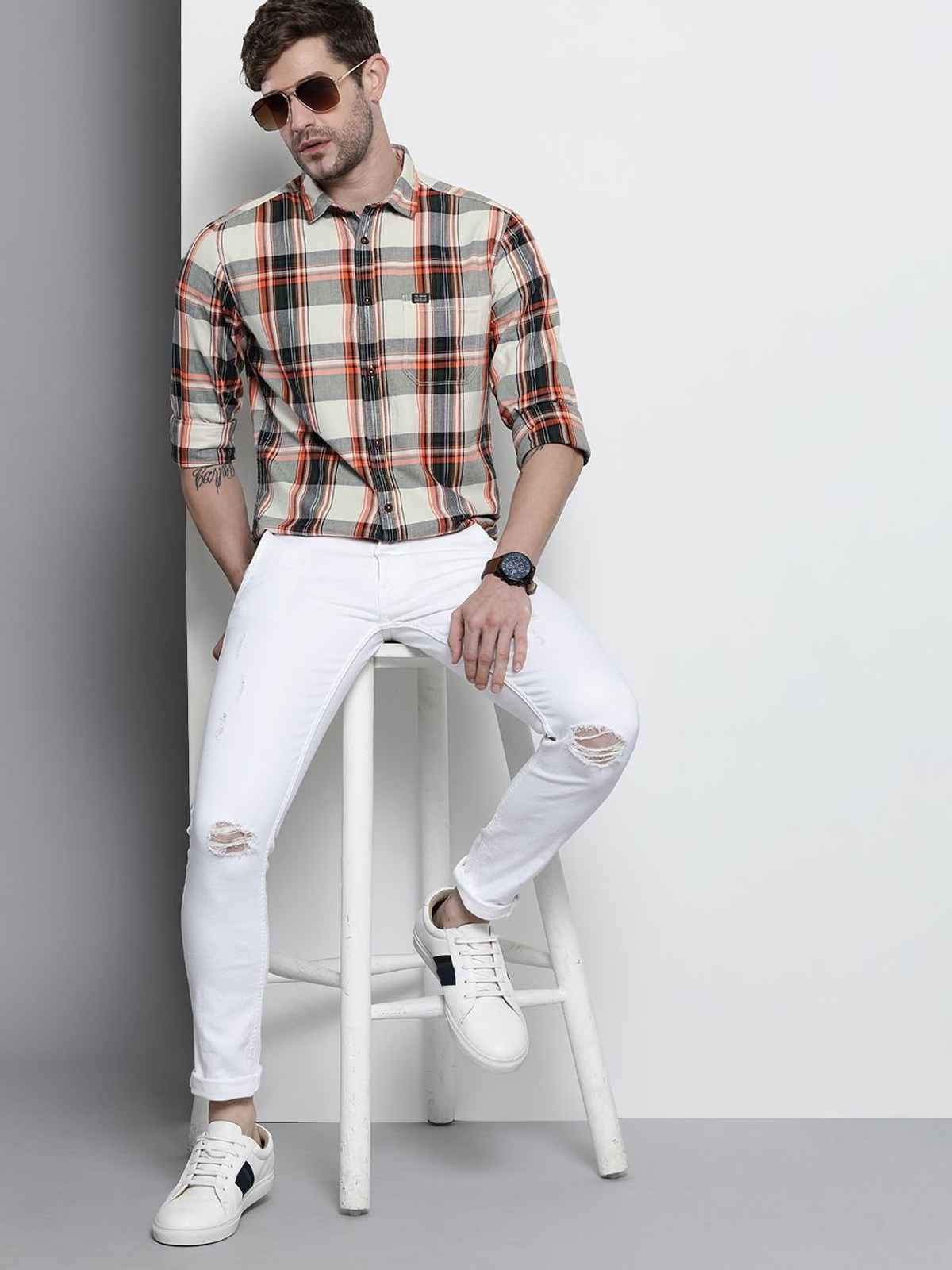 The Indian Garage Co Men's Slim Fit Checked Casual Shirt | Cream - S