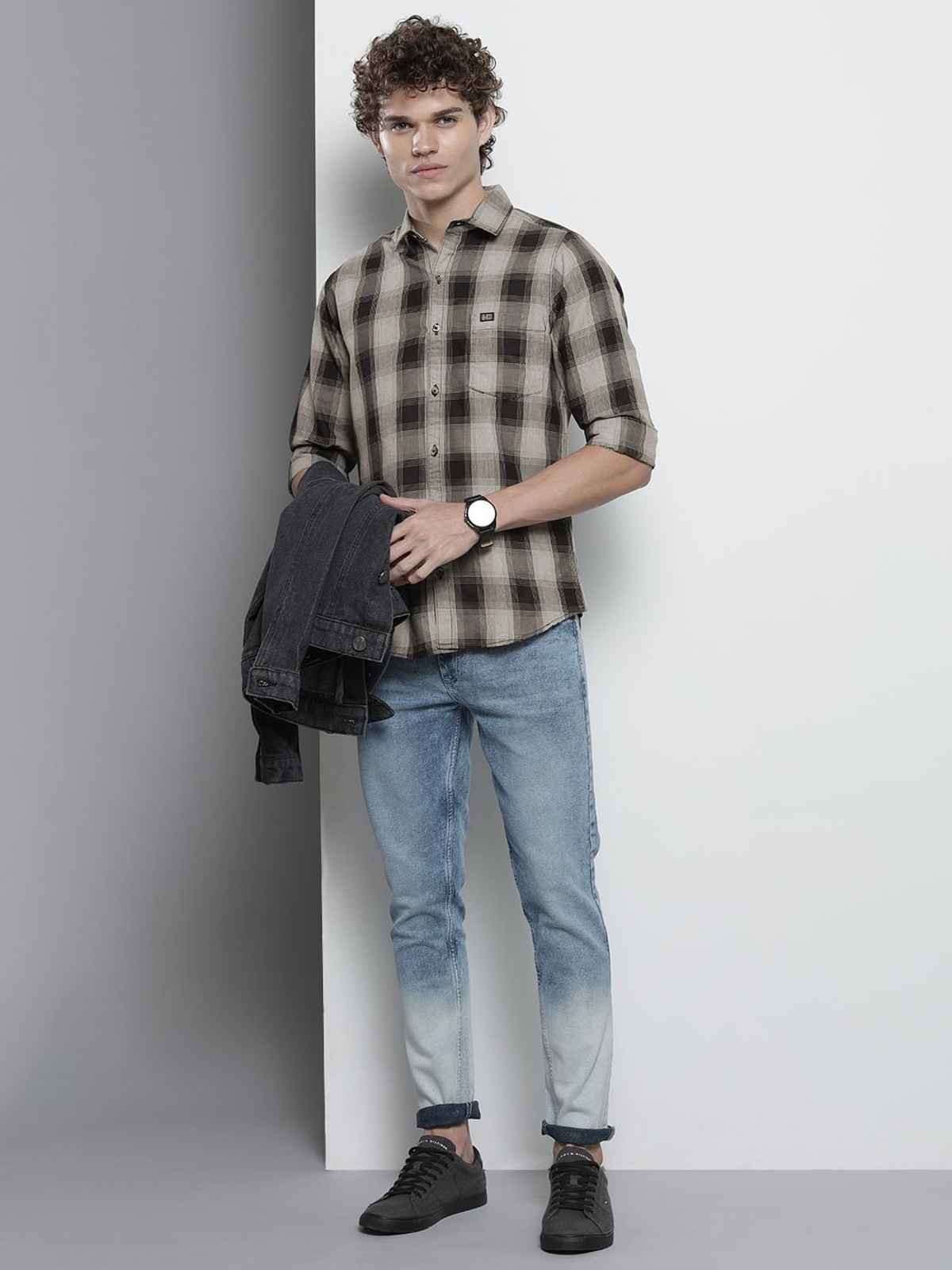 The Indian Garage Co Men's Slim Fit Checkered Casual Shirt | Grey - L