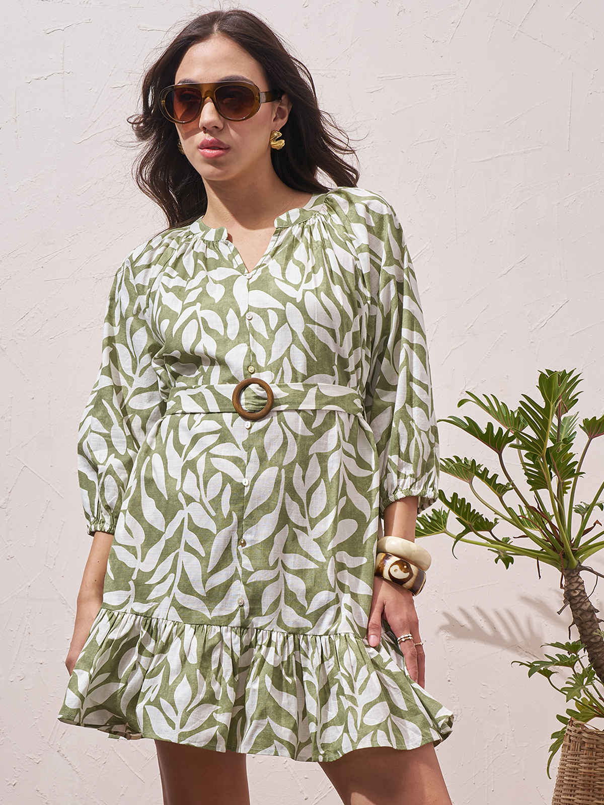 Vara By Vishudh Women's Cotton Slub Printed Reglan Sleeve Short Dress | Green - M