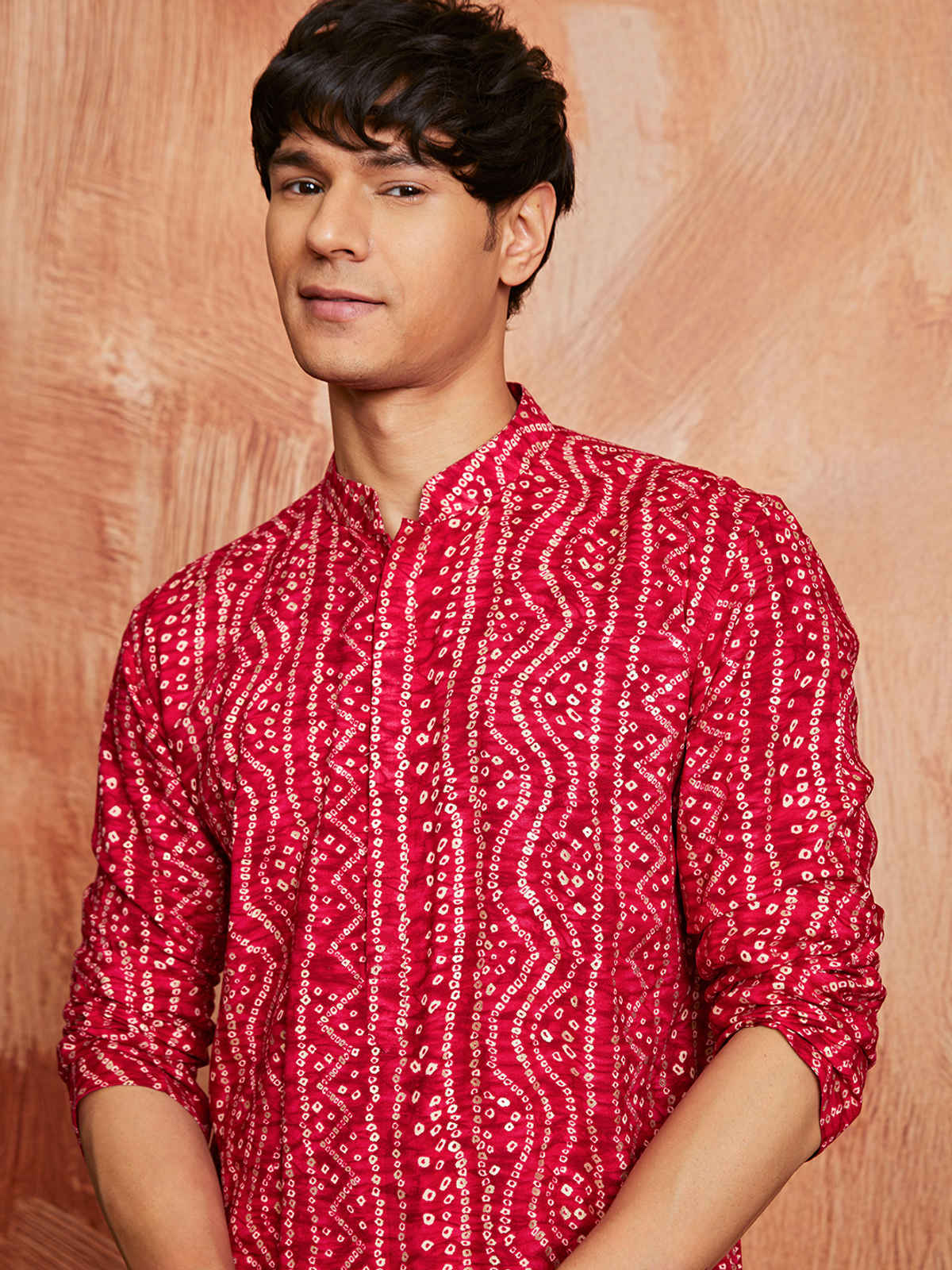 VASTRAMAY Men's Pink Bandhni Rayon Kurta (XL)
