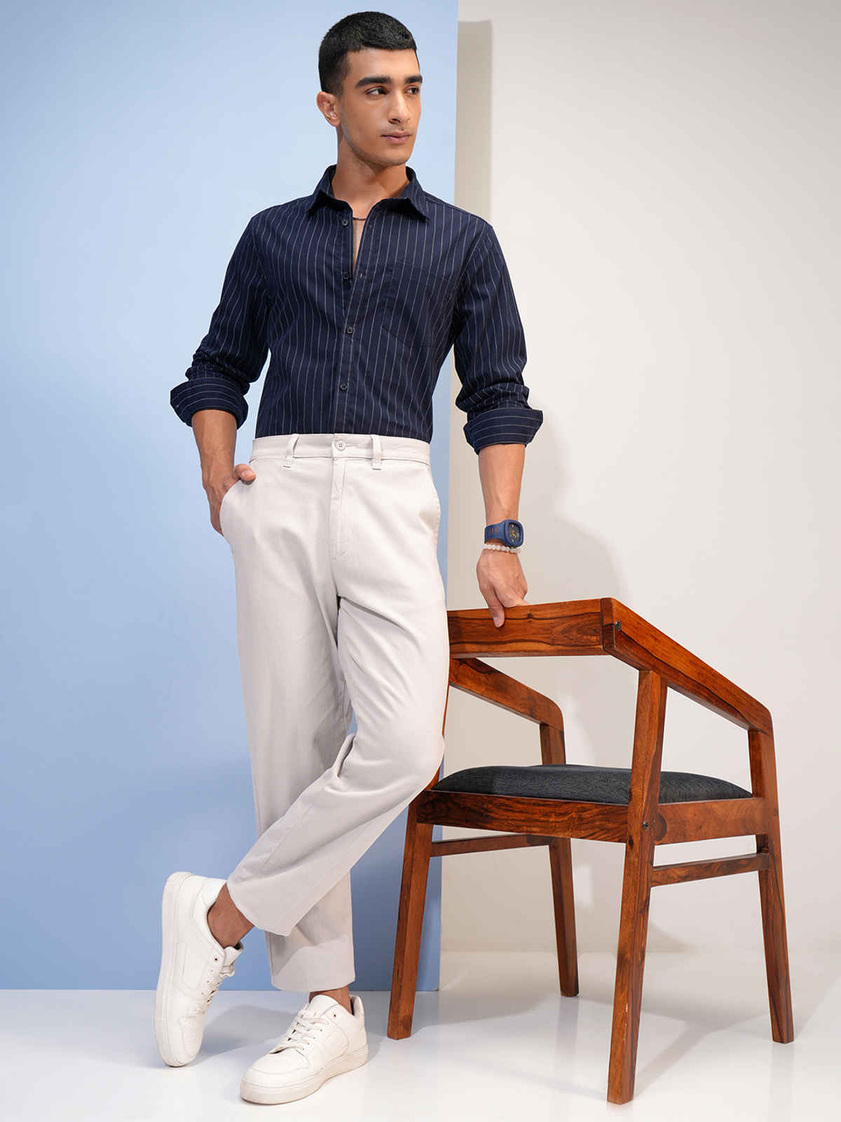 Highlander Men's Striped Slim FIt Shirt | Navy & White - L