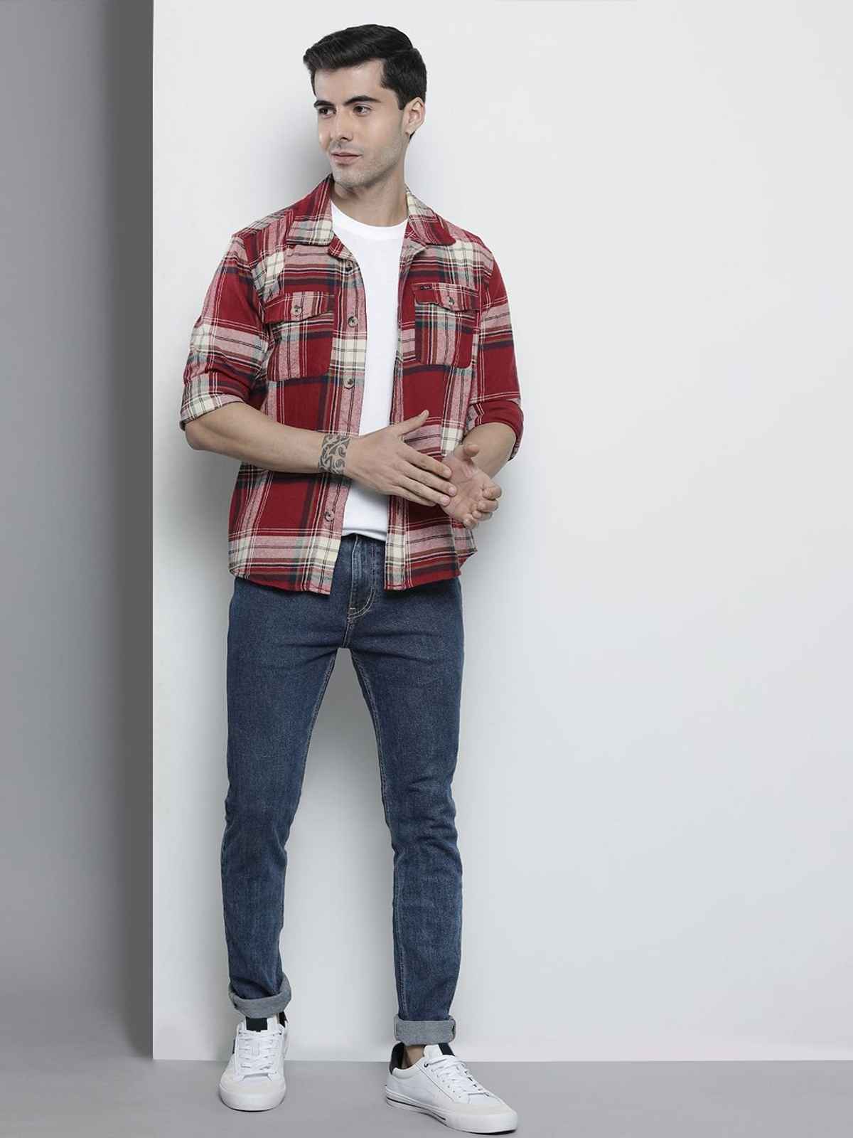The Indian Garage Co Men's Regular Fit Checkered Casual Shirt | Maroon - L