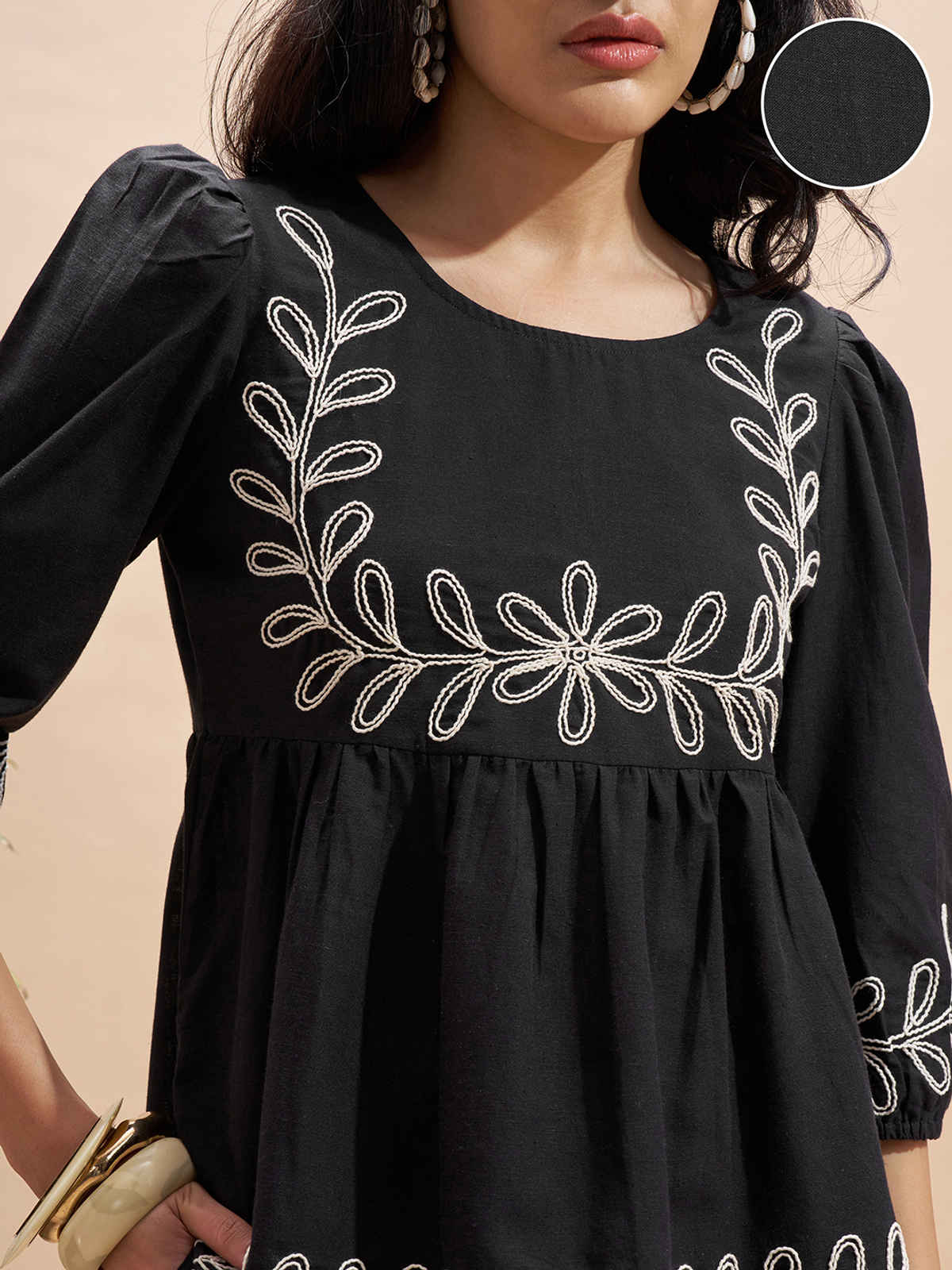 Vara By Vishudh Women's Embroidered Gathered Top | Black - L
