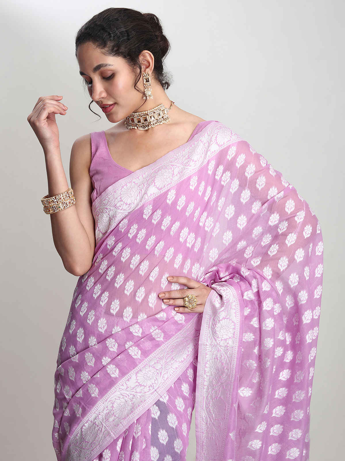 Janasya Women's Silk Blend Floral Woven Design Jacquard Saree with Blouse Piece | SAR631 | Lavender