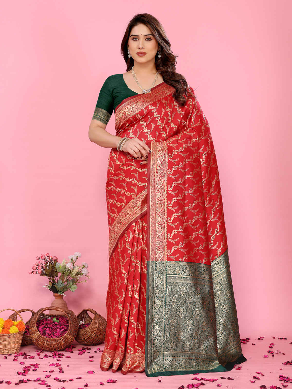 Hema Silk Mills Women Woven Banarasi Silk Blend Saree | Maroon