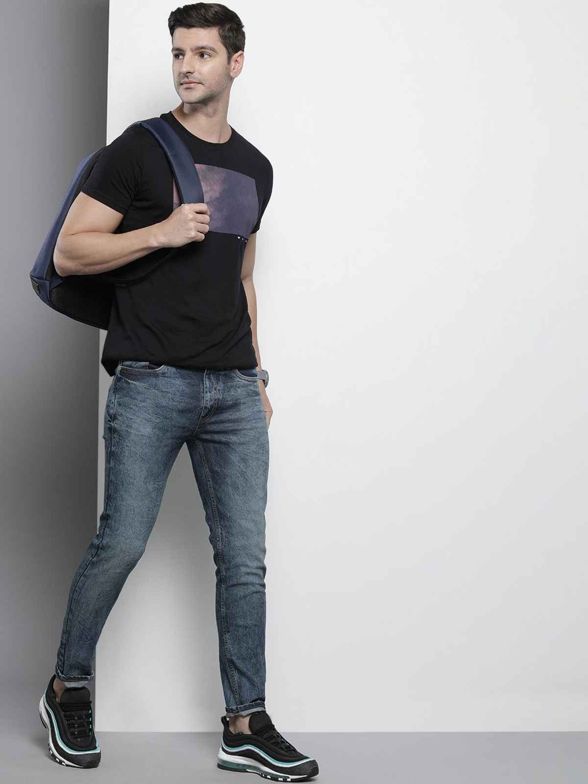 The Indian Garage Co Men's Slim Fit Badges Street Jeans | Blue - 32