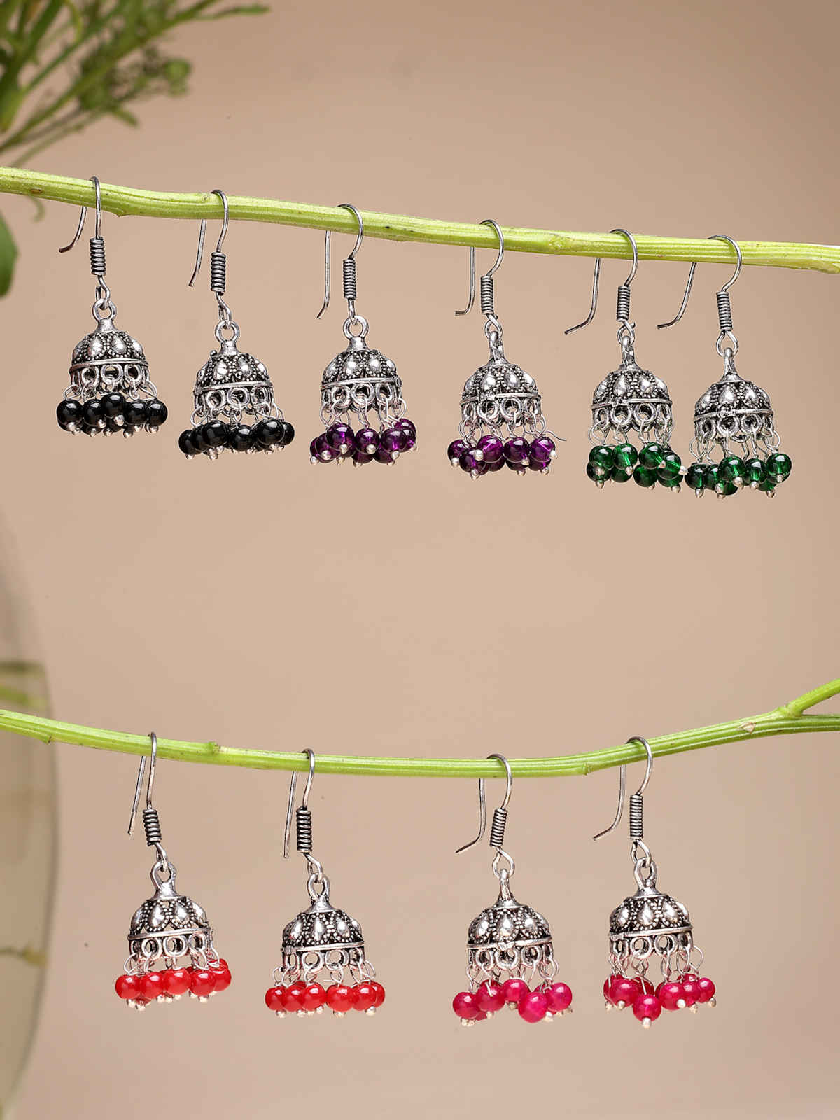 NVR Women Set of 5 Oxidized Silver-Plated Jhumka Earrings & Pair of Peacock Design Oxidised Kada Bangles