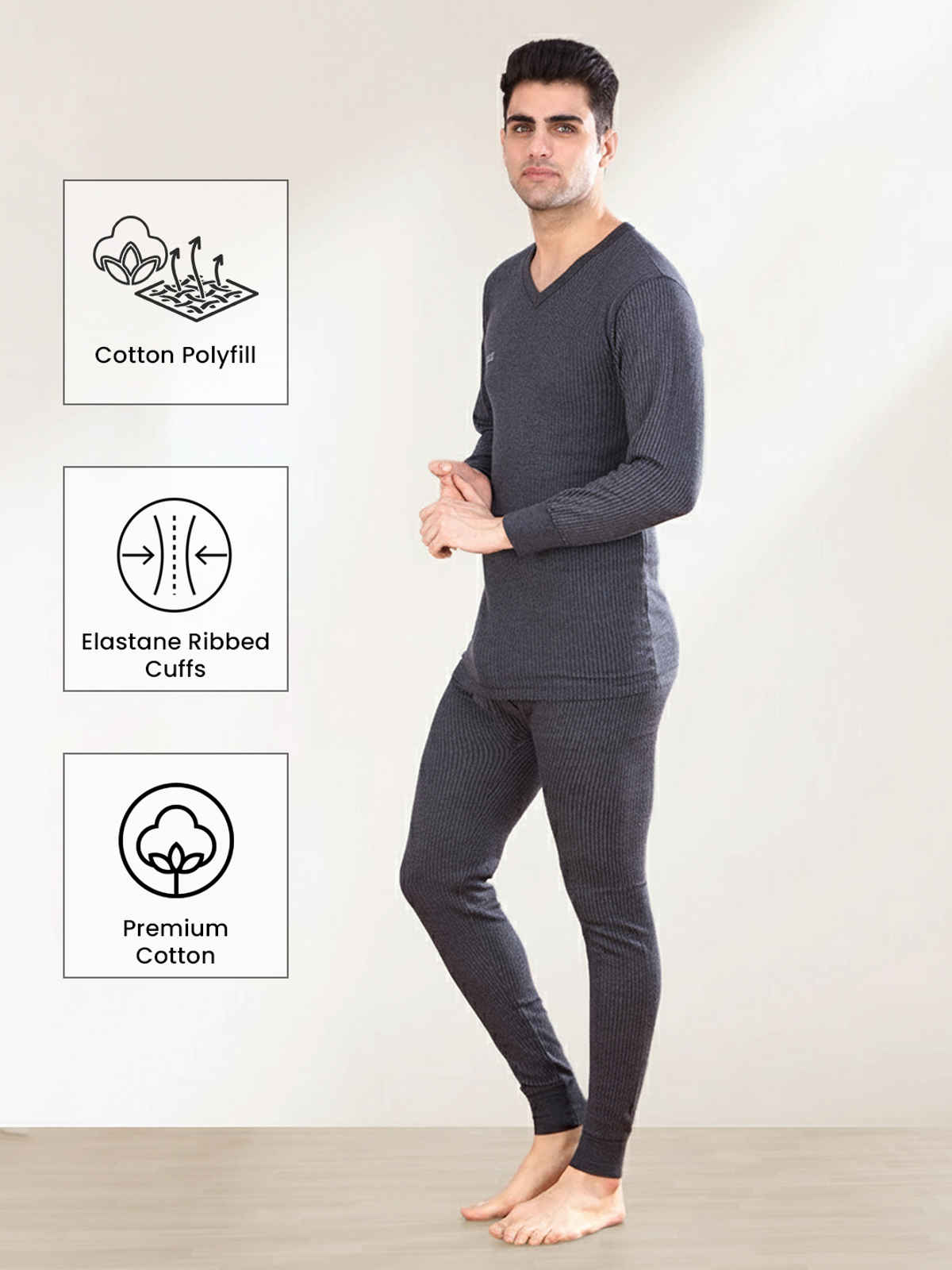 Lux Inferno V-Neck Thermal Top for Men | Charcoal | 85 | Size M