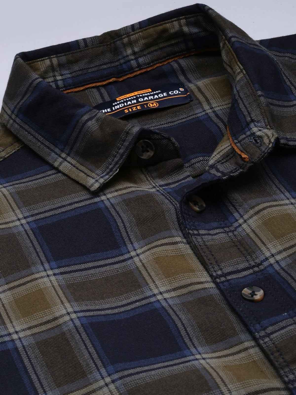 The Indian Garage Co Men's Slim Fit Checkered Casual Shirt | Navy Blue & Green - XL