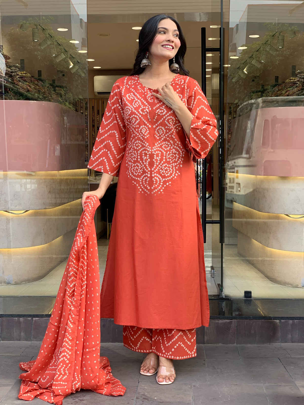 GoSriKi Women's Rayon Blend Printed Straight Kurta Set With Dupatta | ORANGE | L