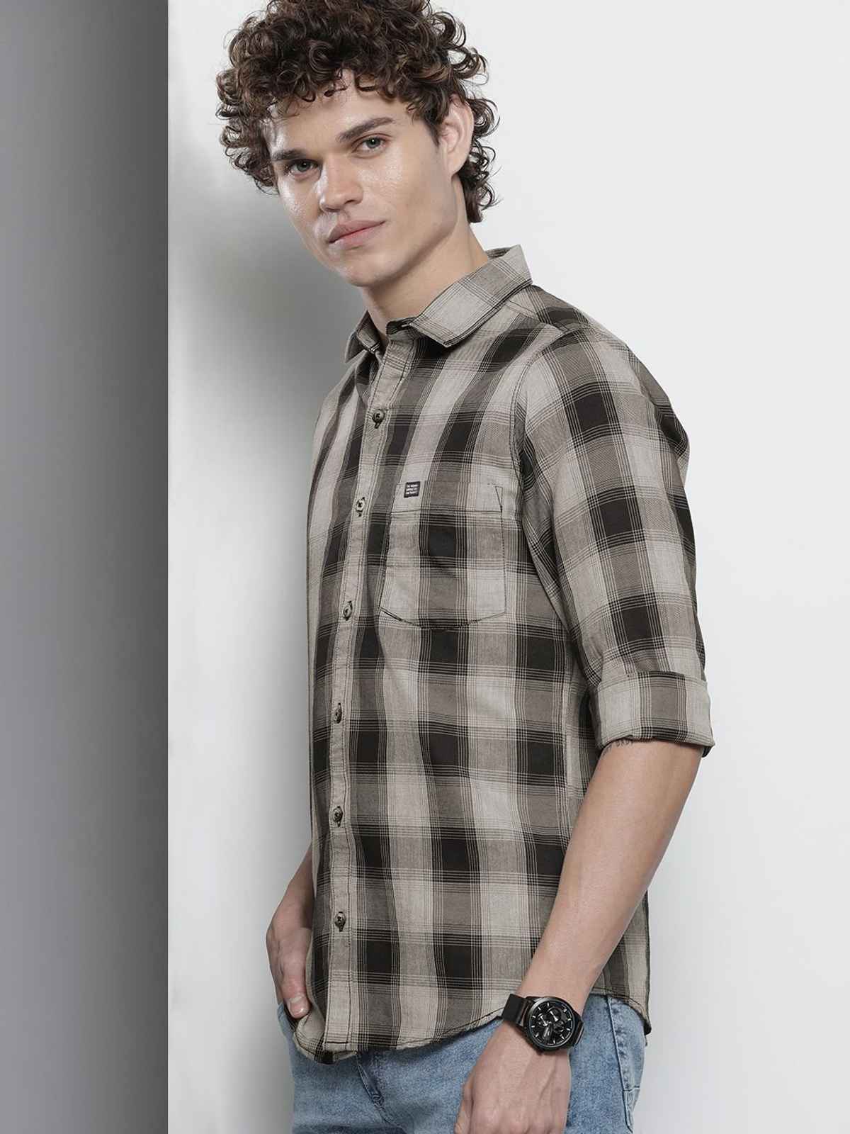 The Indian Garage Co Men's Slim Fit Checkered Casual Shirt | Grey - L