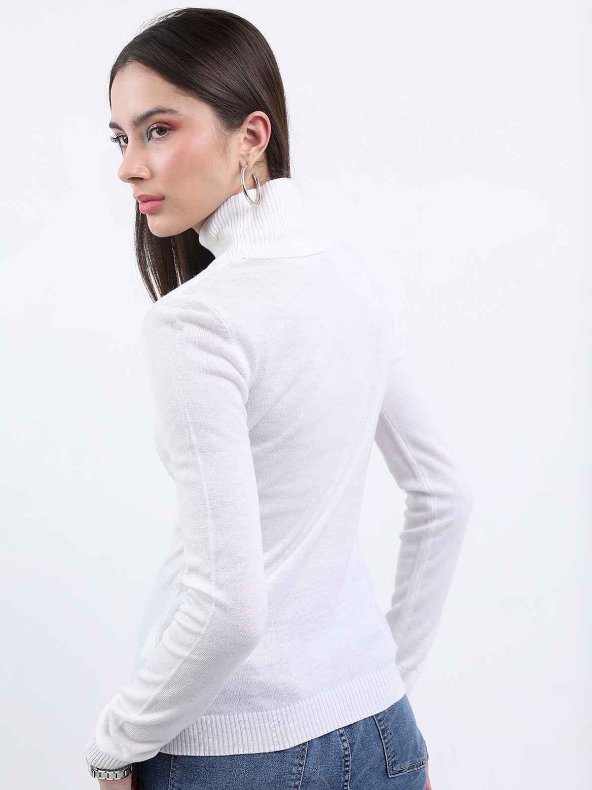 Ketch Women Turtle Neck Long Sleeves Acrylic Pullover | White | L