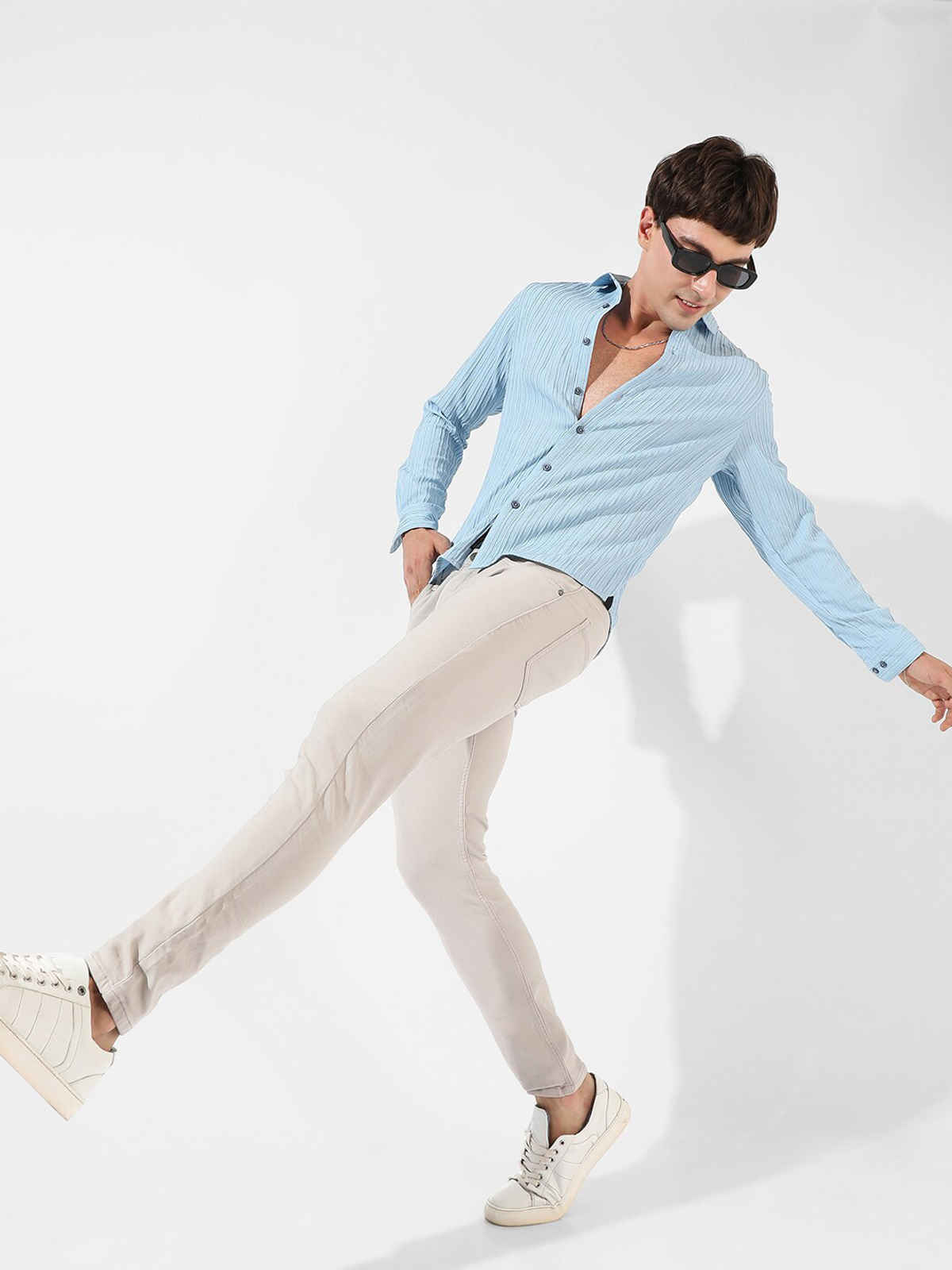 Campus Sutra Men's Polyester Blend Self-Design Striped Shirt | Blue | S