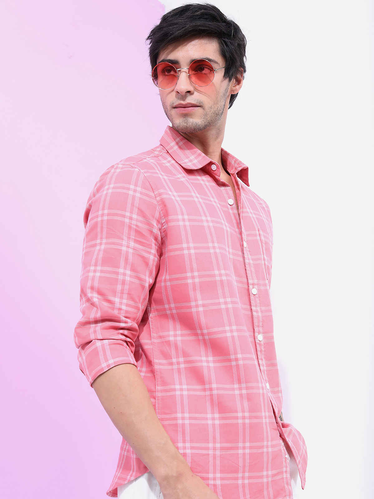 HIGHLANDER Men Checked Slim Fit Casual Shirt | Peach - L