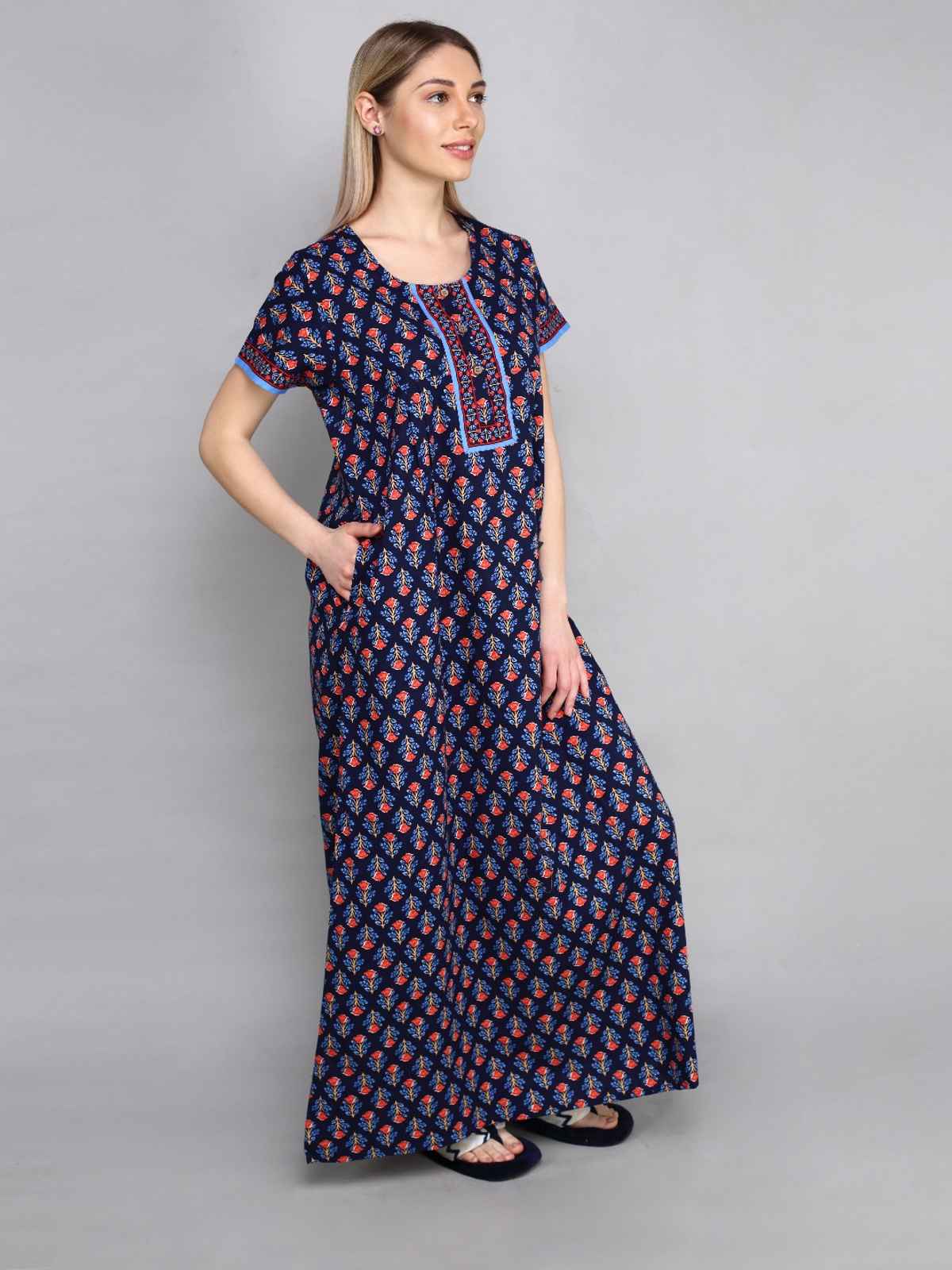 Evolove Women's Soft Cotton & Warm Printed Nighty | Blue | XL