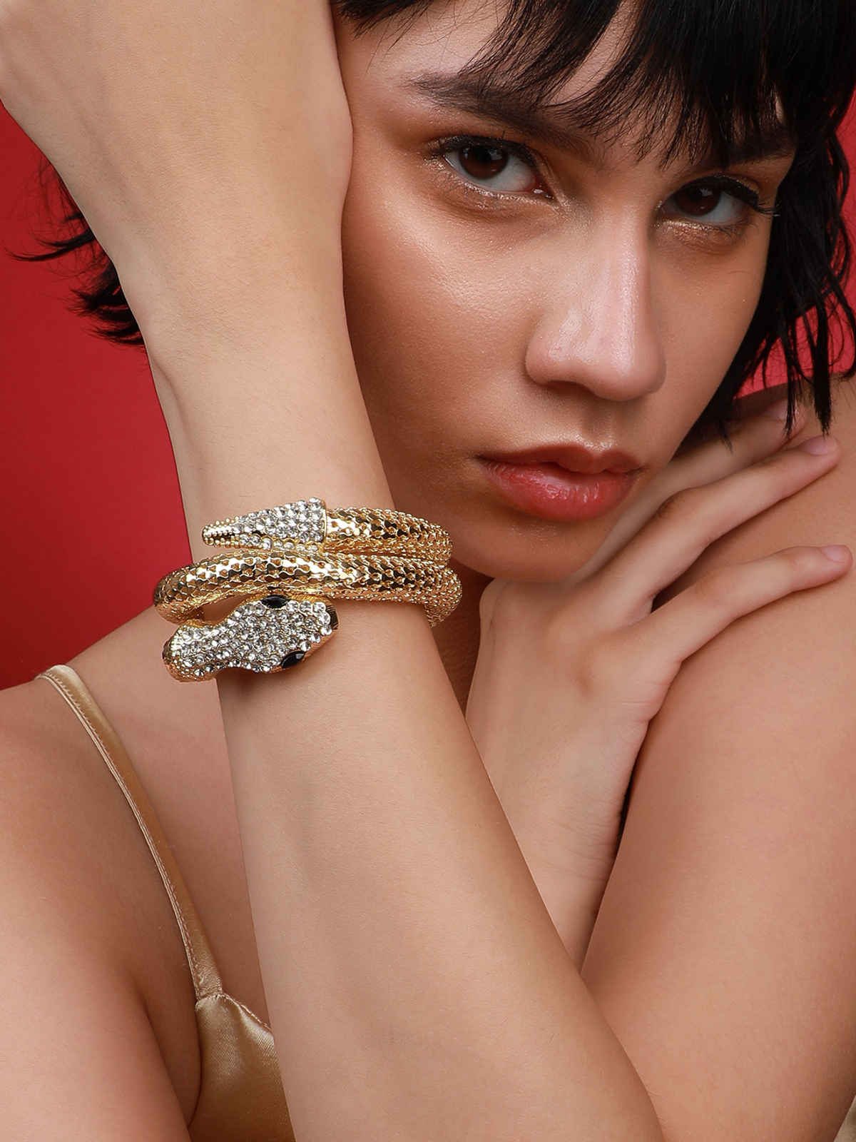 SOHI Women's Gold-Plated Stone Studded Snake Kada Bracelet
