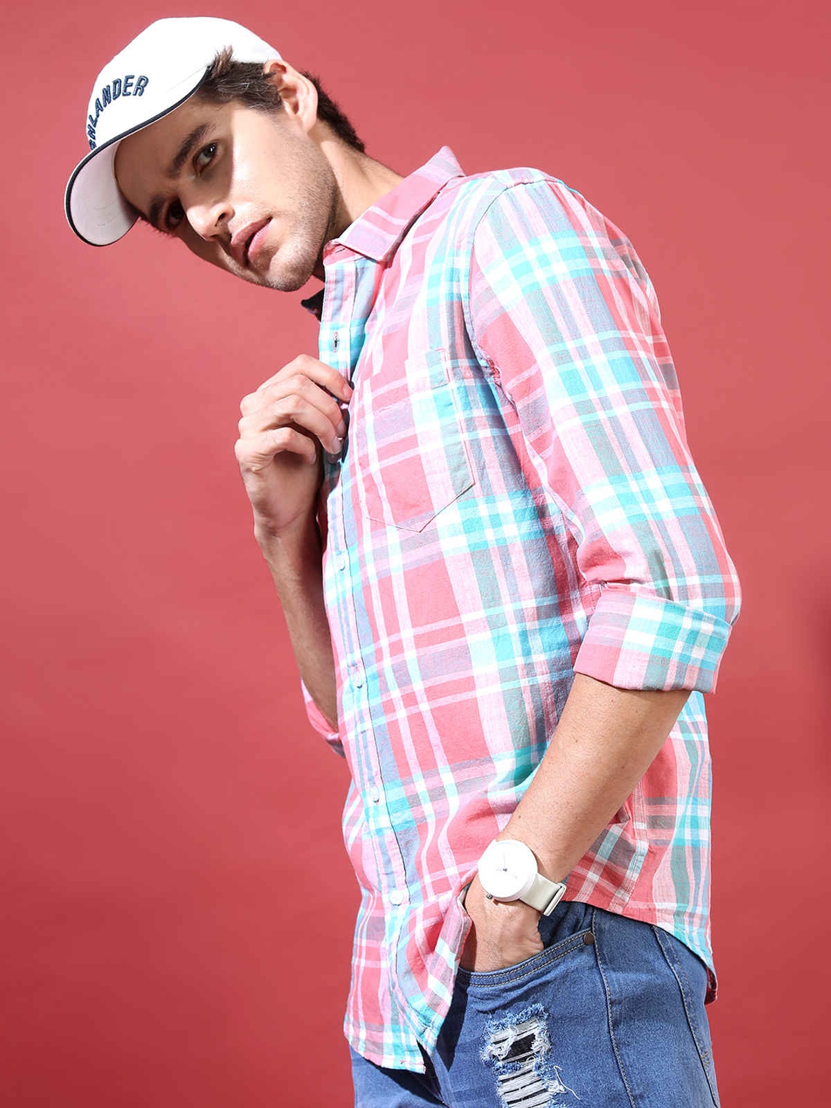 Highlander Men's Slim Fit Checked Casual Shirt - Coral and White | XL