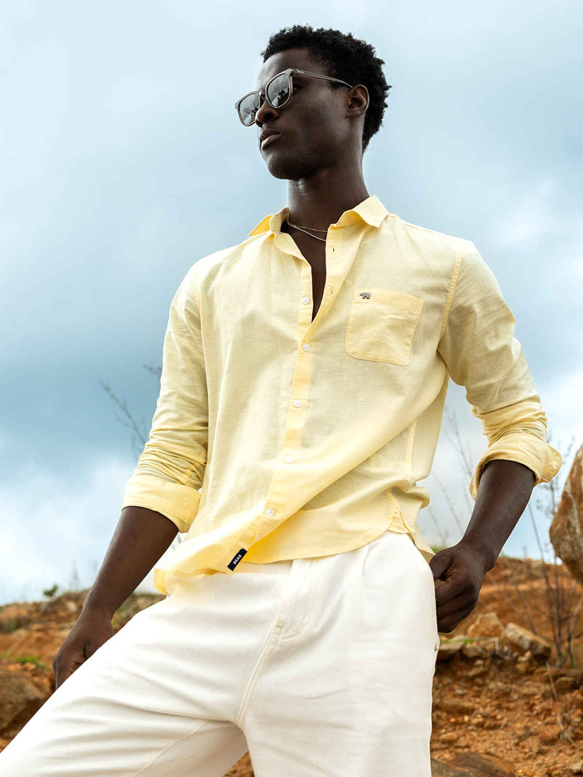The Bear House Yellow Cotton Linen Slim Fit Solid Casual Shirt |M