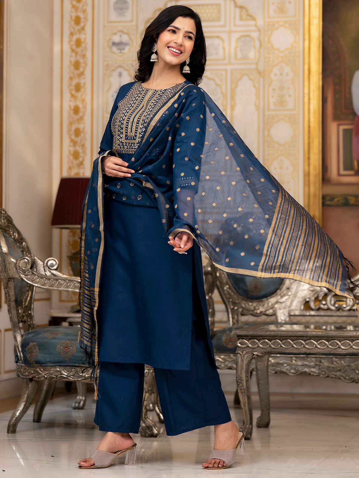 Vishudh Women's Embroidered Panel Straight Kurta With Cropped Palazzo & Ready Dupatta | Teal - XL