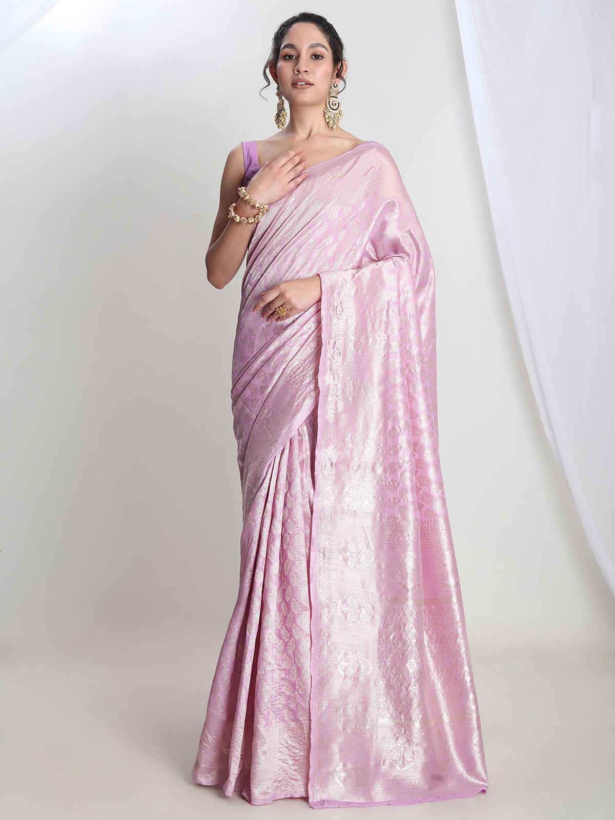 Janasya Women's Silk Blend Leaf Motifs Saree with Blouse Piece | SAR646 | Lavender