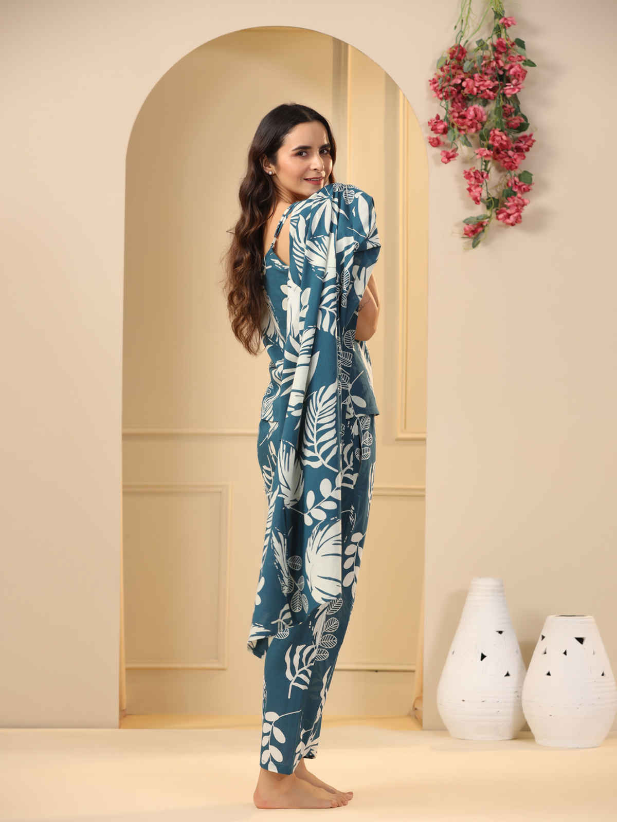 Sanskrutihomes Teal 3 Pieces Floral Printed Pure Cotton Night Suit | Teal - S