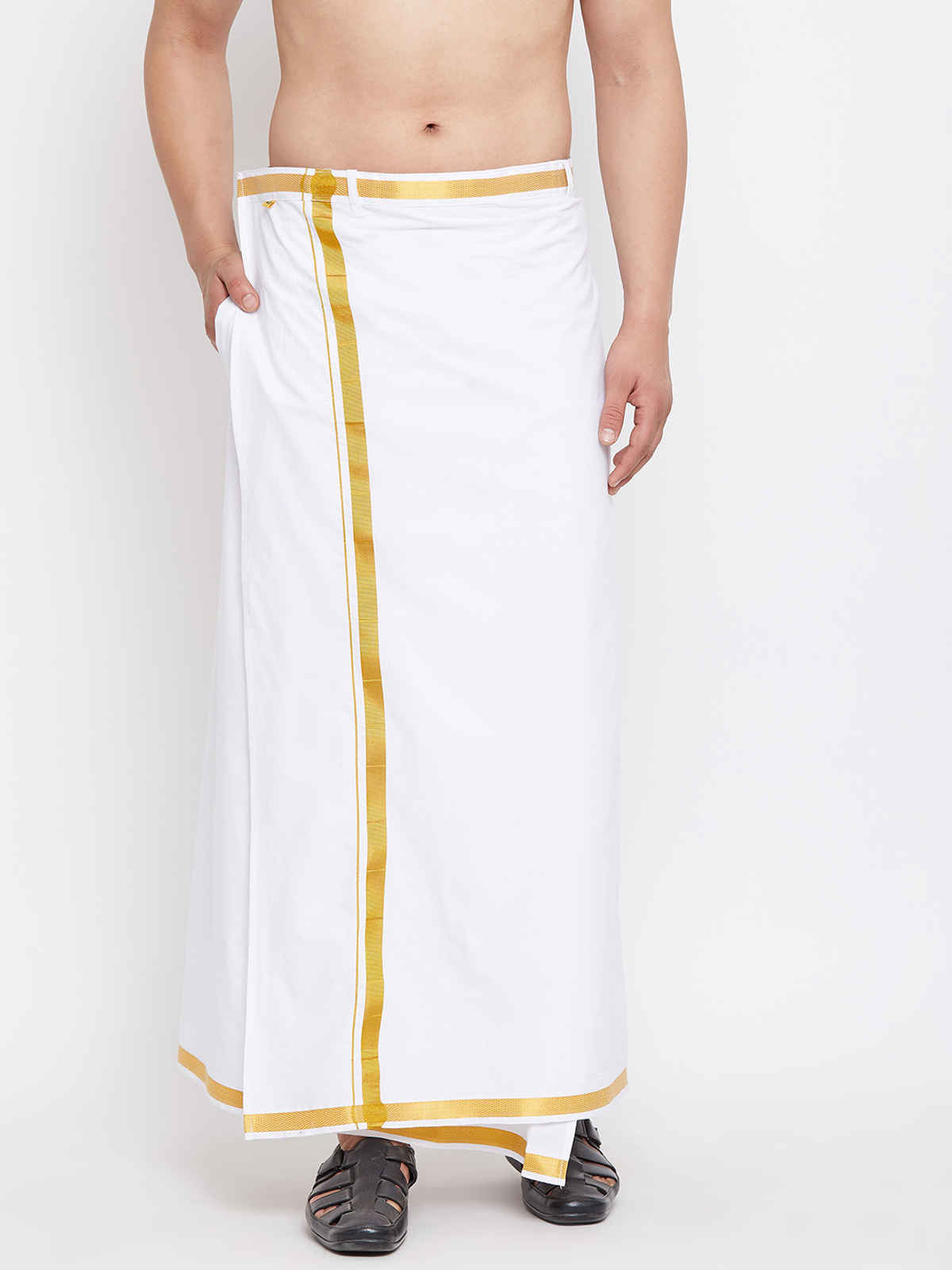 Vastramay Men's White and Gold Velcro Mundu/Veshti/Dhoti with pockets | Ready To Wear | Free Size