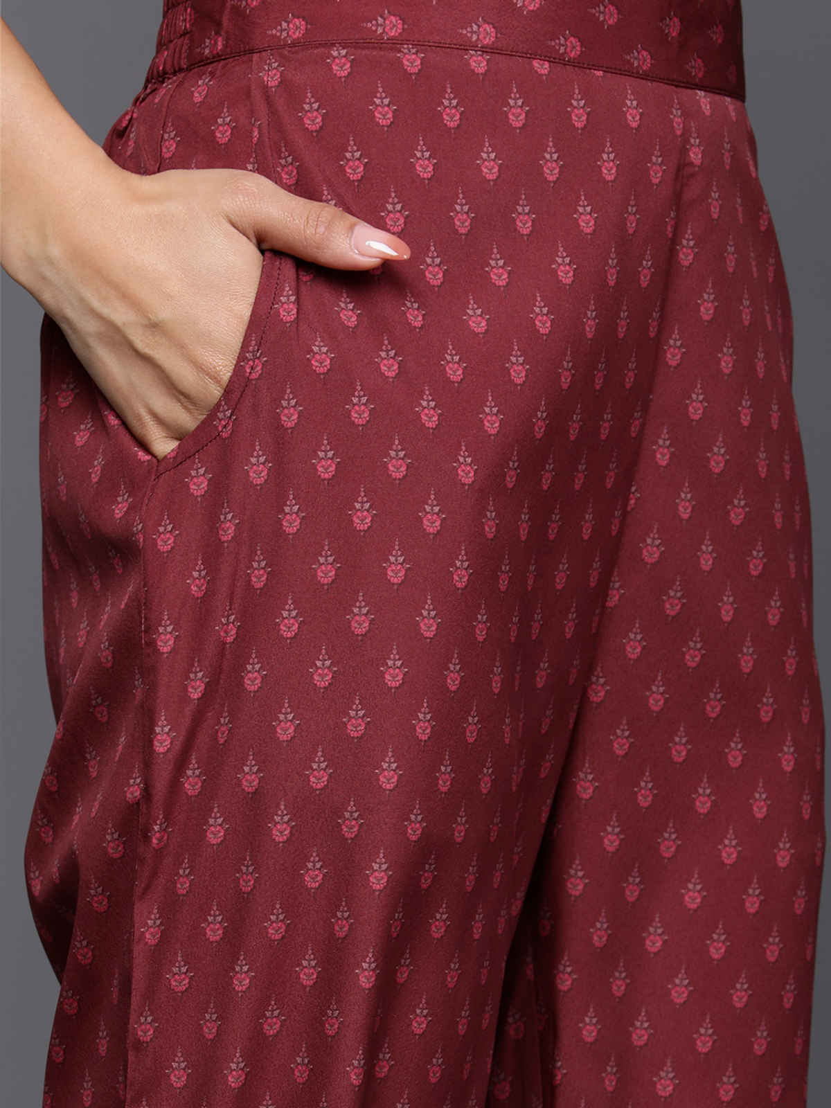 Libas Printed Crepe Straight Kurta With Trousers & Dupatta | 34215R | Maroon - M