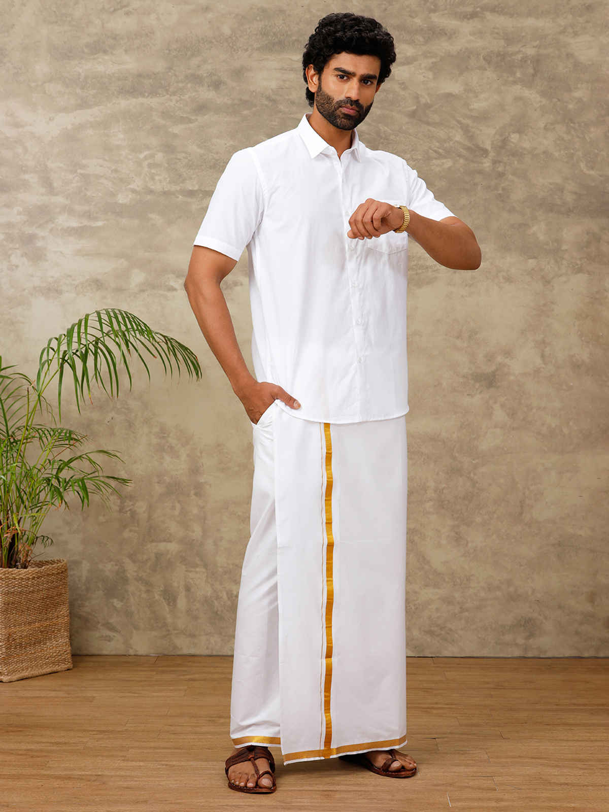 Ramraj Cotton Traditional Velcro Dhoti /Mund /Veshti with Gold Zari Border | White - Free Size