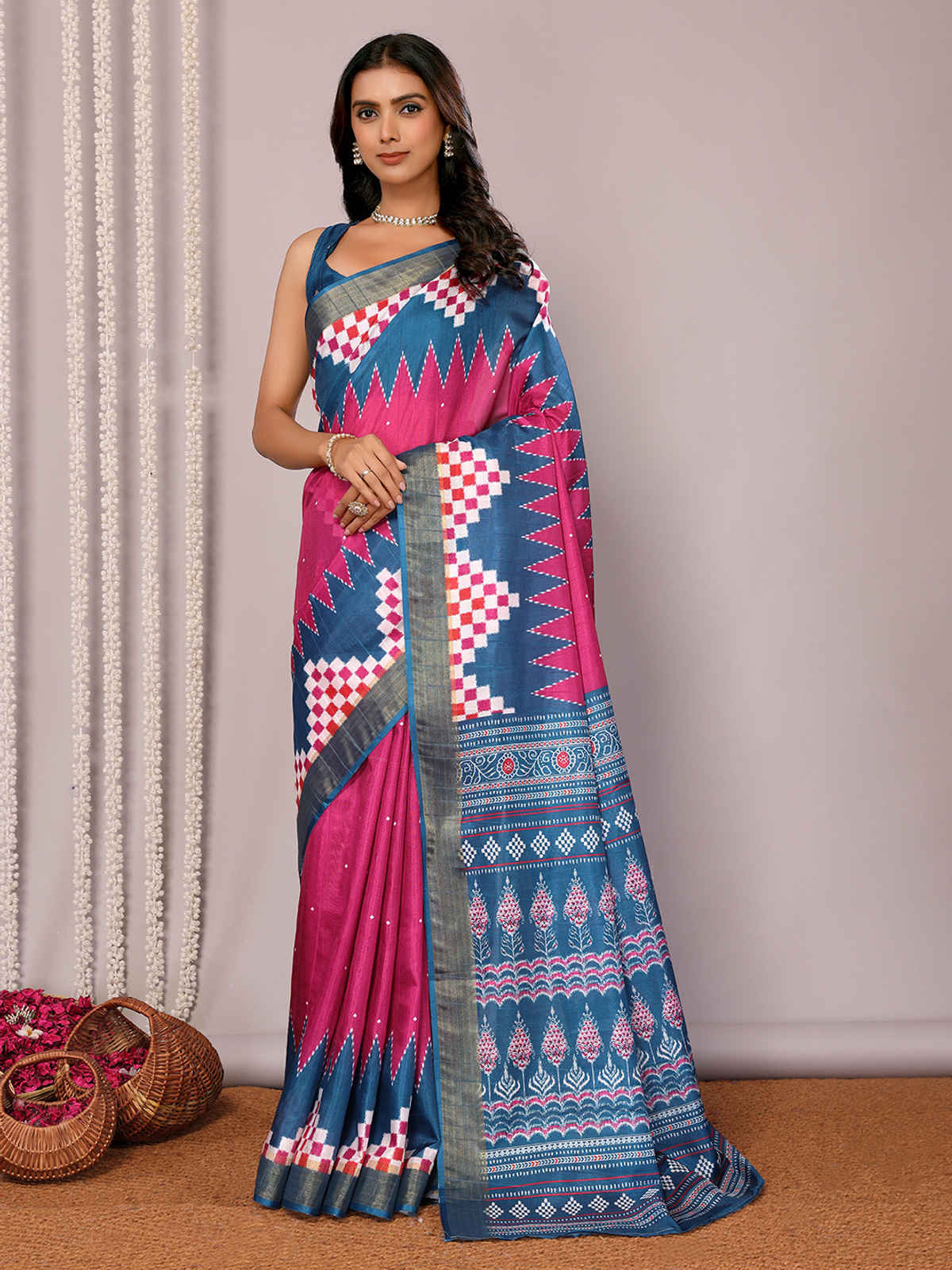 Janasya Women's Chanderi Silk Geometric Printed Saree with Blouse Piece | SAR481 | Pink and Blue