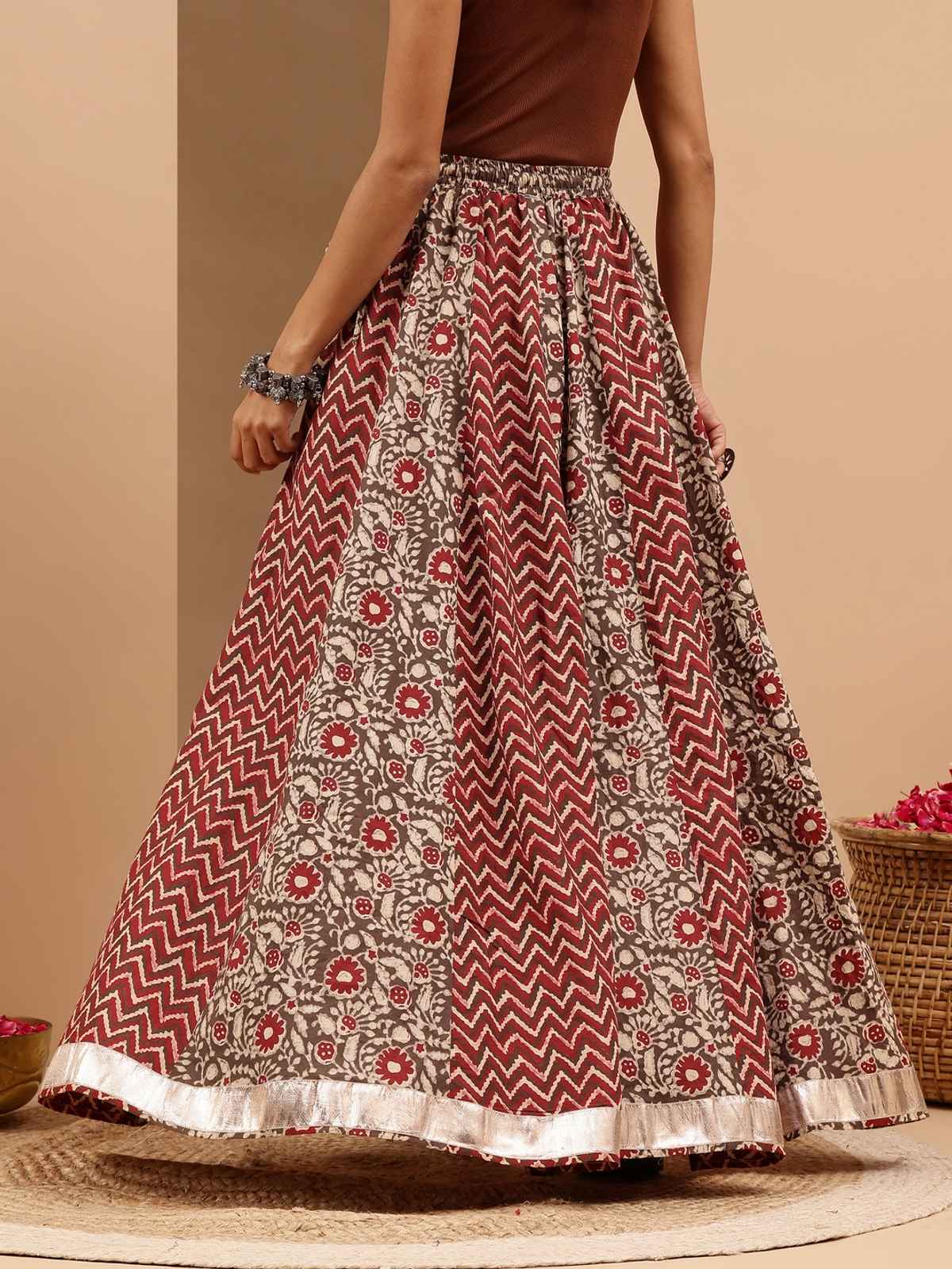Janasya Women's Cotton Flared Skirt | JAB25SK03248 | Maroon - S