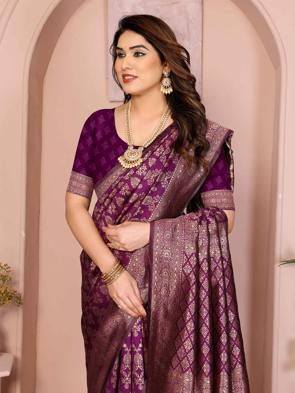 Hema Silk Mills Women Woven Banarasi Silk Blend Saree | Wine
