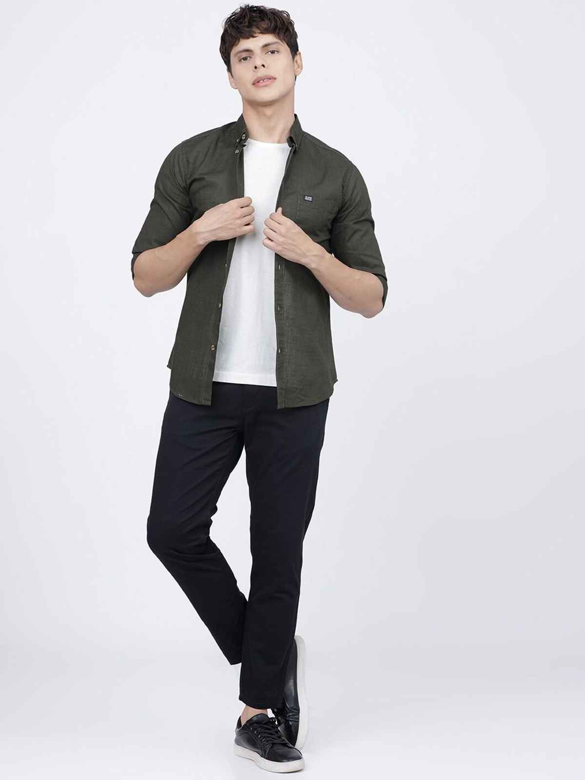 The Indian Garage Co Men's Slim Fit Solid Casual Shirt | Olive - XL