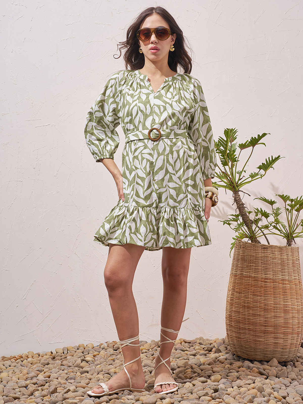 Vara By Vishudh Women's Cotton Slub Printed Reglan Sleeve Short Dress | Green - L
