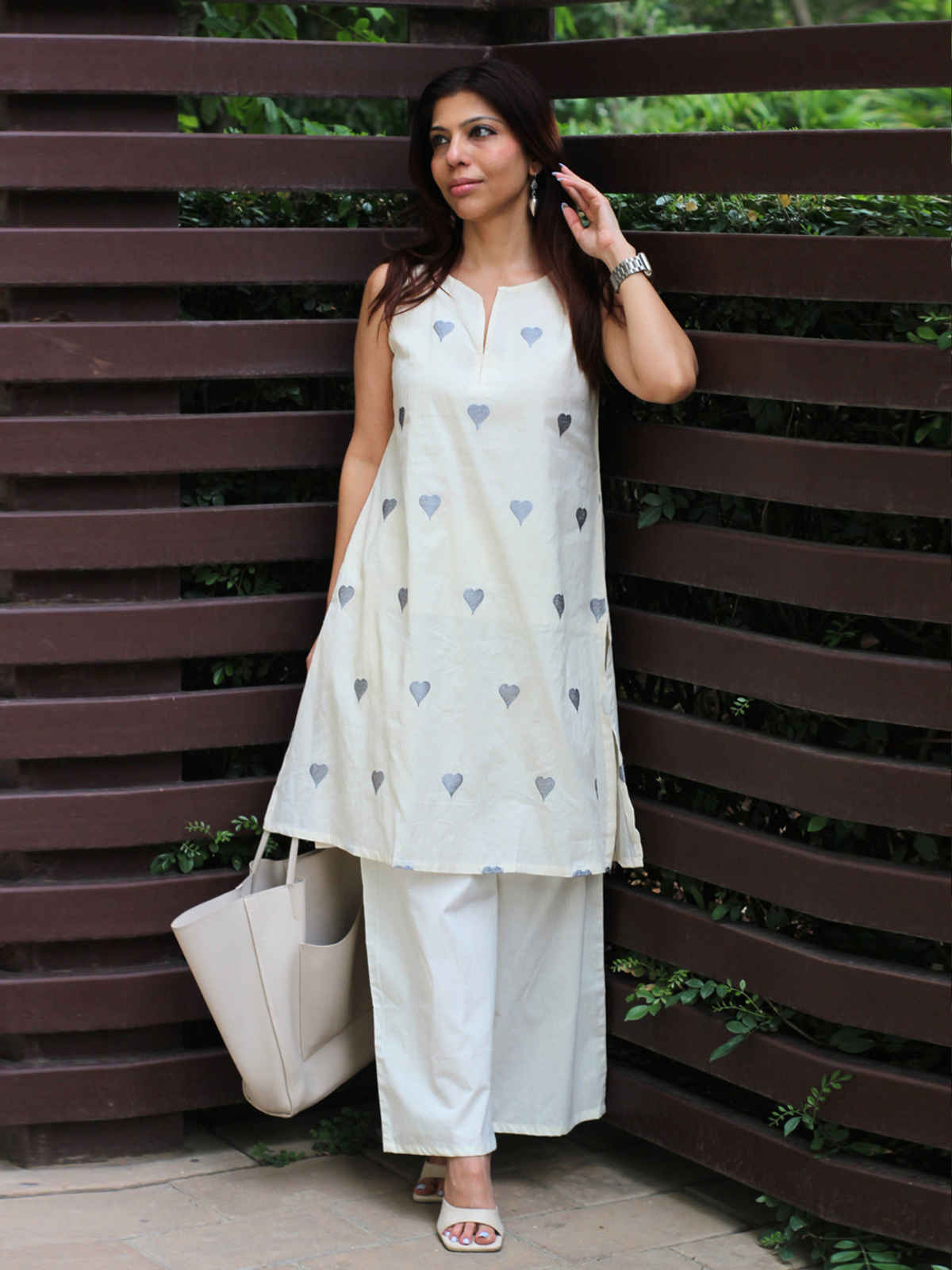 GoSriKi Women's Cotton Blend Straight Embroidery Kurta with Palazzo | Rushali White | S