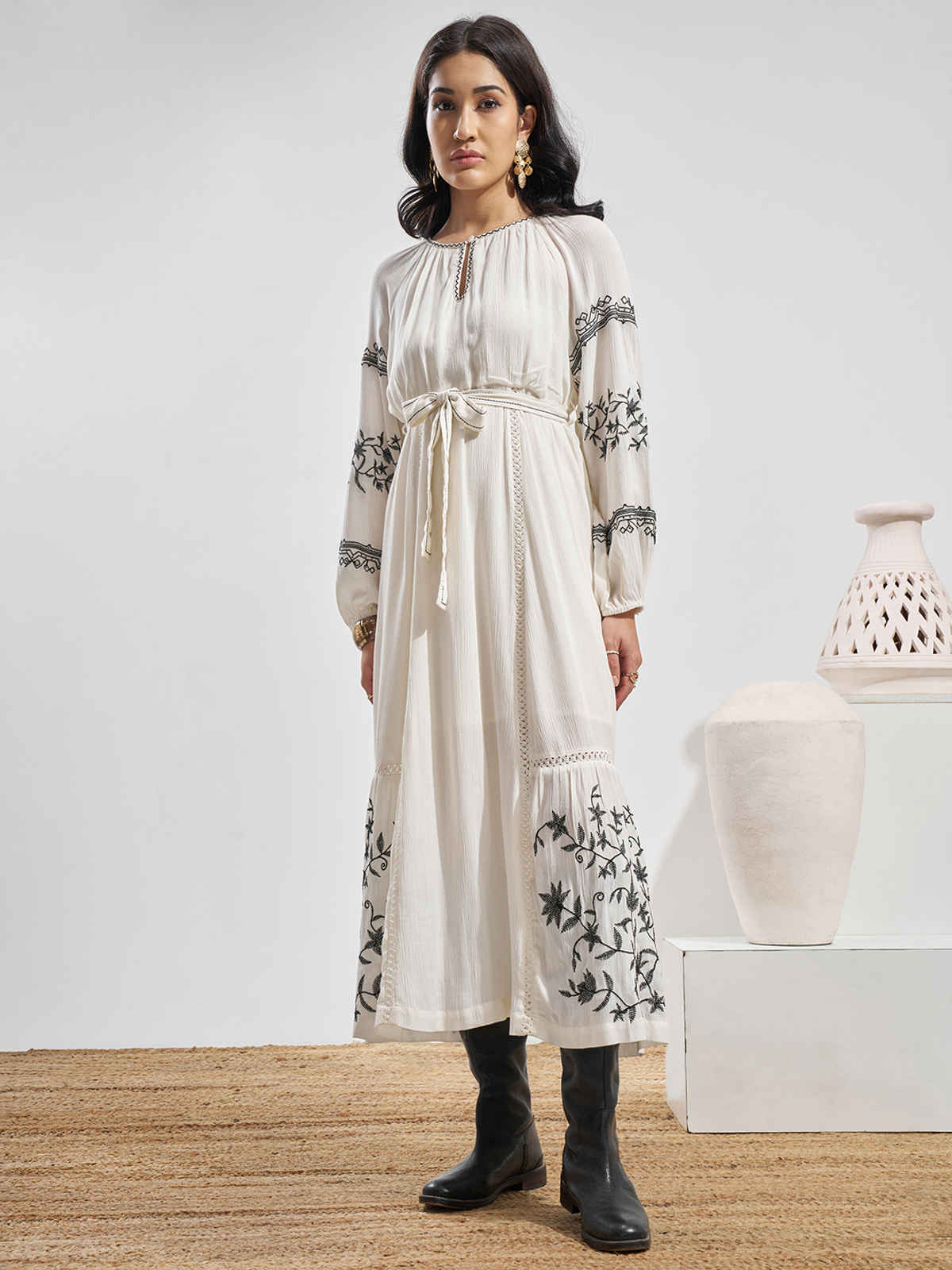 Vara By Vishudh Women's Viscose Gauze Embroiderd Round Neck Maxi Dress | Off White - M
