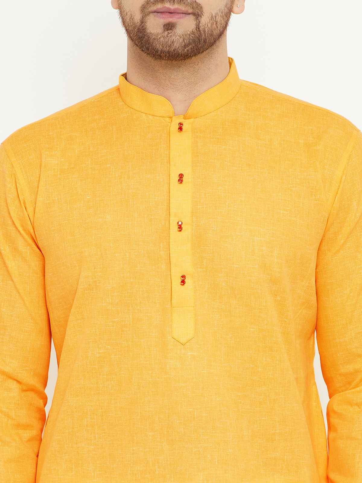 Vastramay Men's Cotton Blend Traditional Kurta | Yellow | L