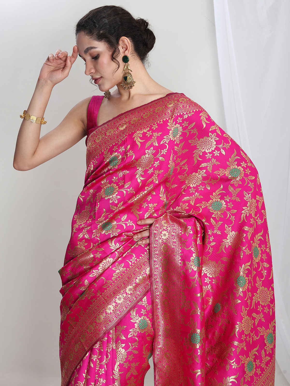 Janasya Women's Silk Blend Floral Woven Design Jacquard Saree with Blouse Piece | SAR566 | Pink